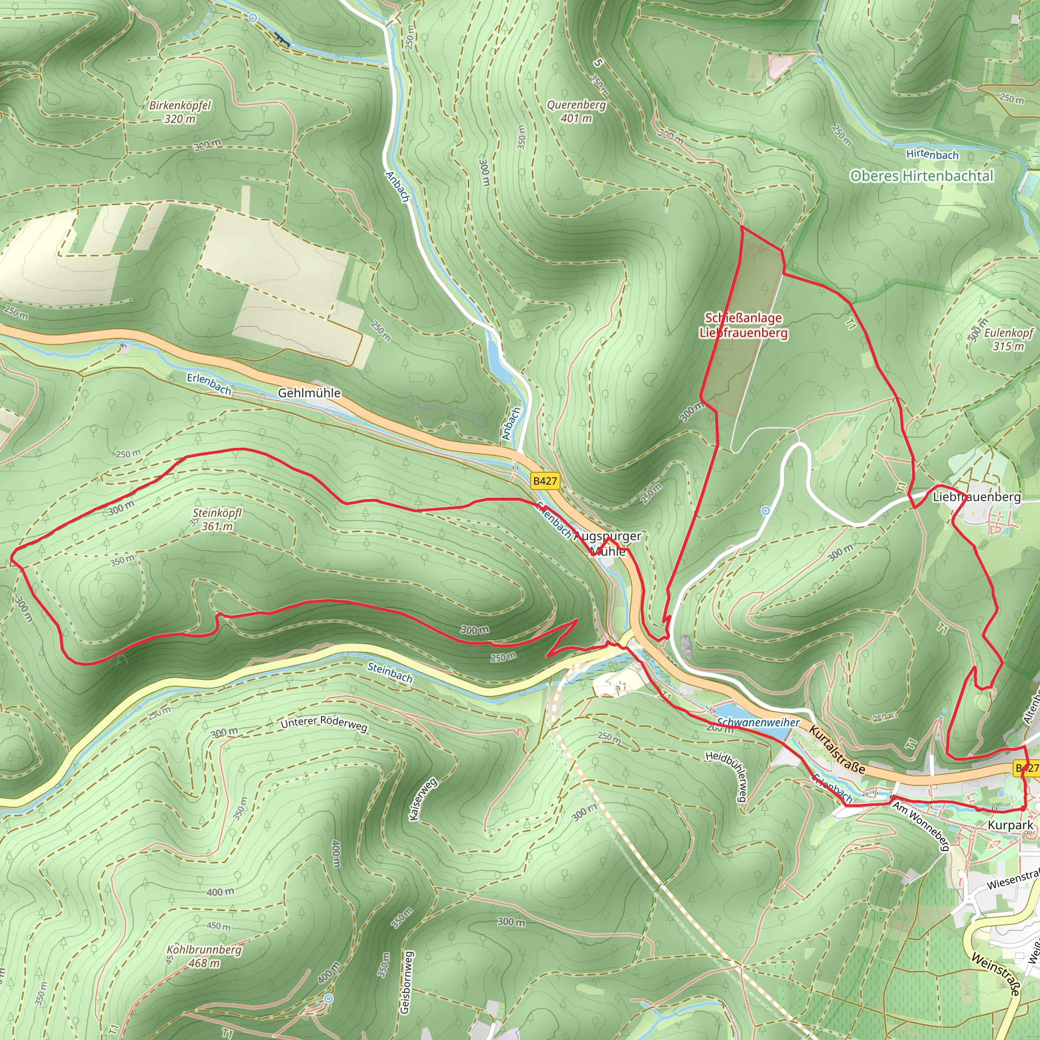 Schwanenweiher via Kapellen Pilgerweg and Bad Bergzaberg mobile static map