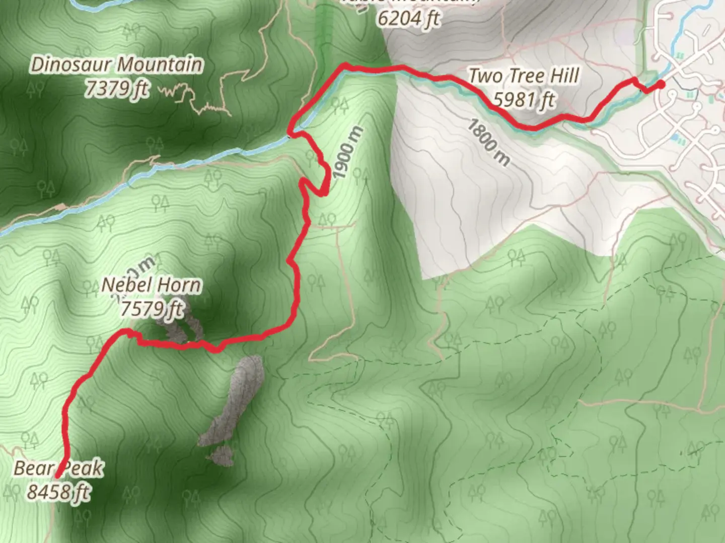 An image depicting the trail Bear Peak via Bear Canyon - NCAR Trail and its surrounding area.