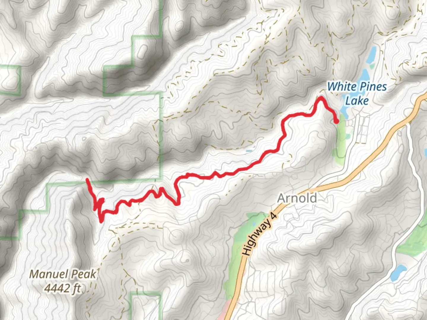 An image depicting the trail Arnold Rim Trail - White Pines Lake and its surrounding area.