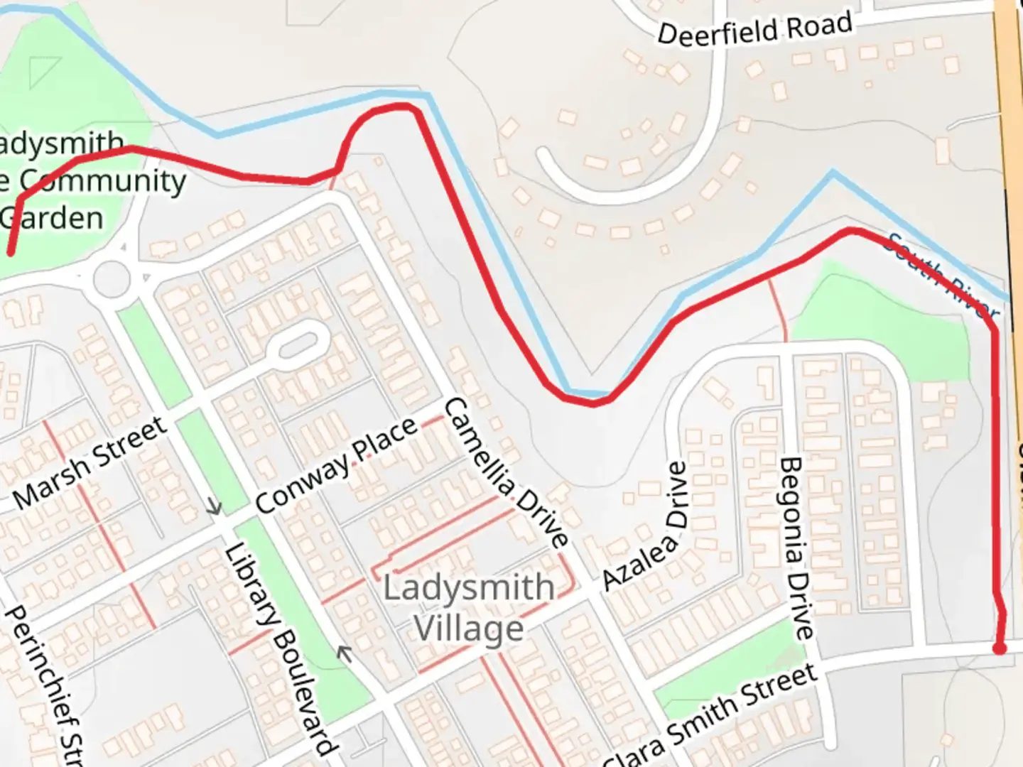 An image depicting the trail Azalea Ridge Park to Ladysmith Village Community Garden and its surrounding area.
