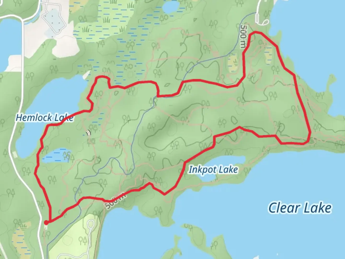 An image depicting the trail Inkpot Lake and Hemlock Lake Loop and its surrounding area.
