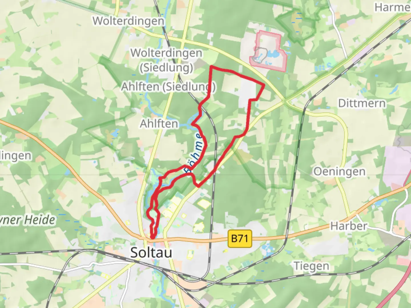 An image depicting the trail Stoehr Kreuz via Einfrielinger Weg and Hauptstraße and its surrounding area.