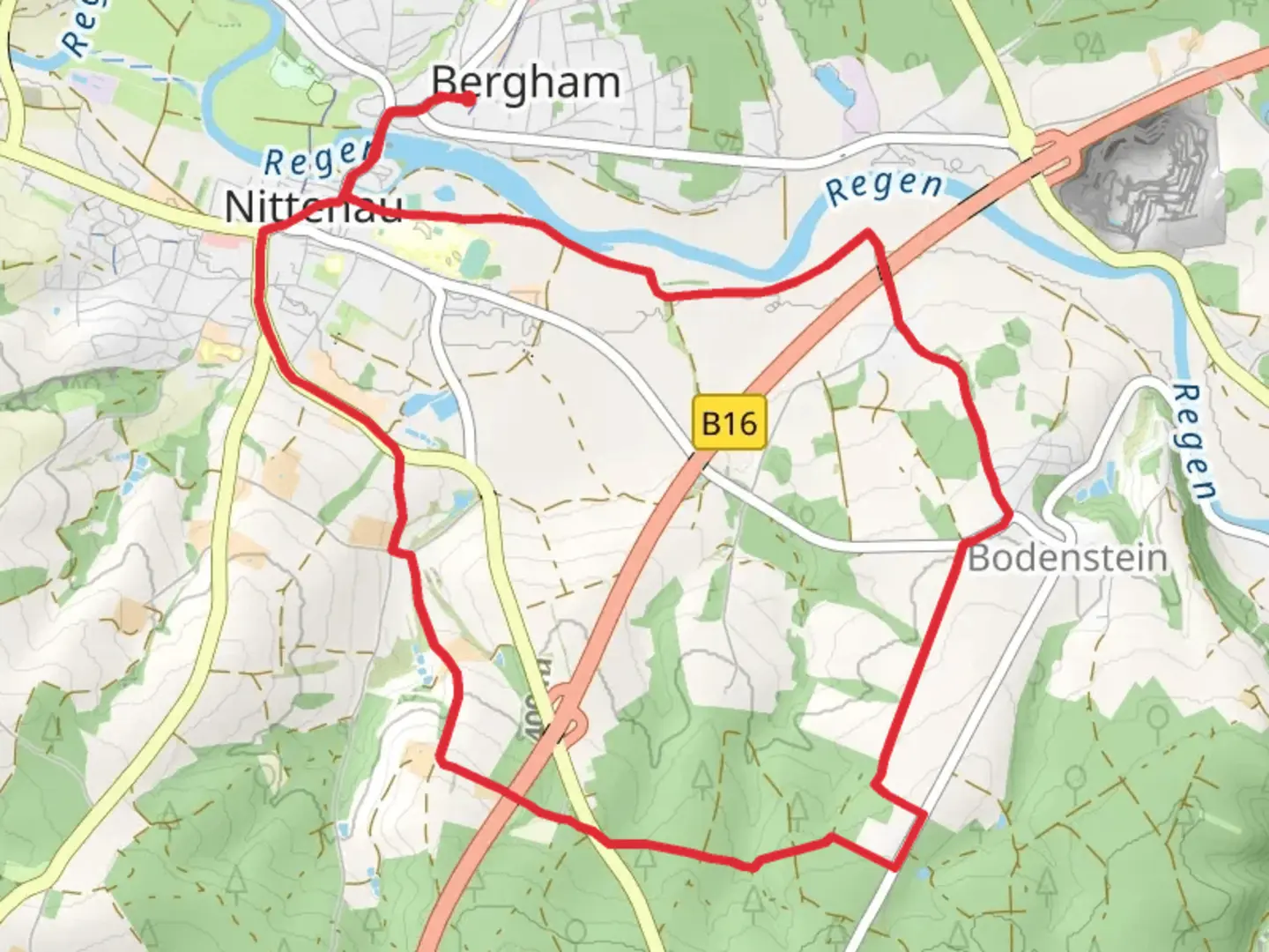 An image depicting the trail Obererpfalzweg and Bodenstein and its surrounding area.