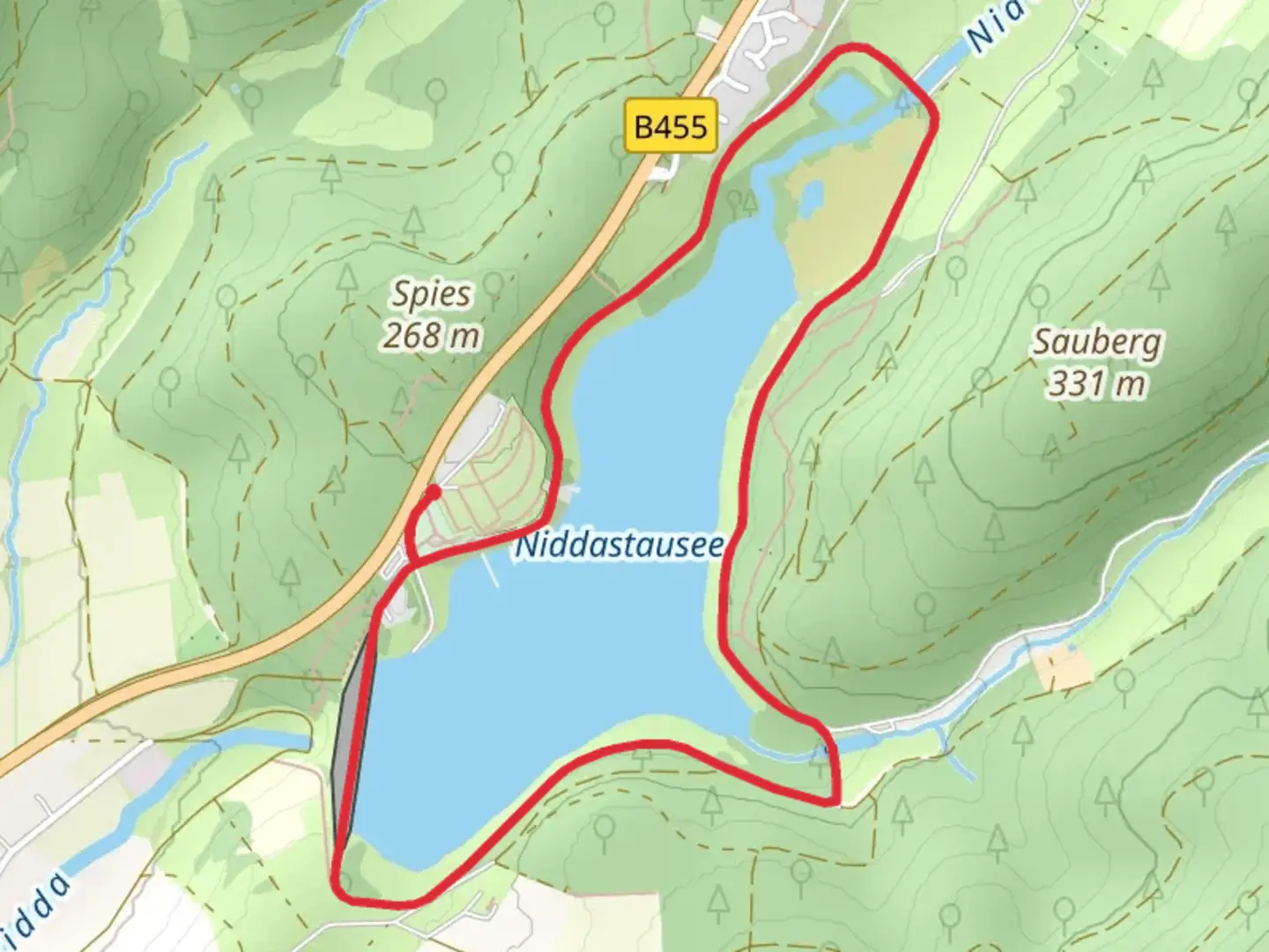 An image depicting the trail Niddastausee Loop and its surrounding area.