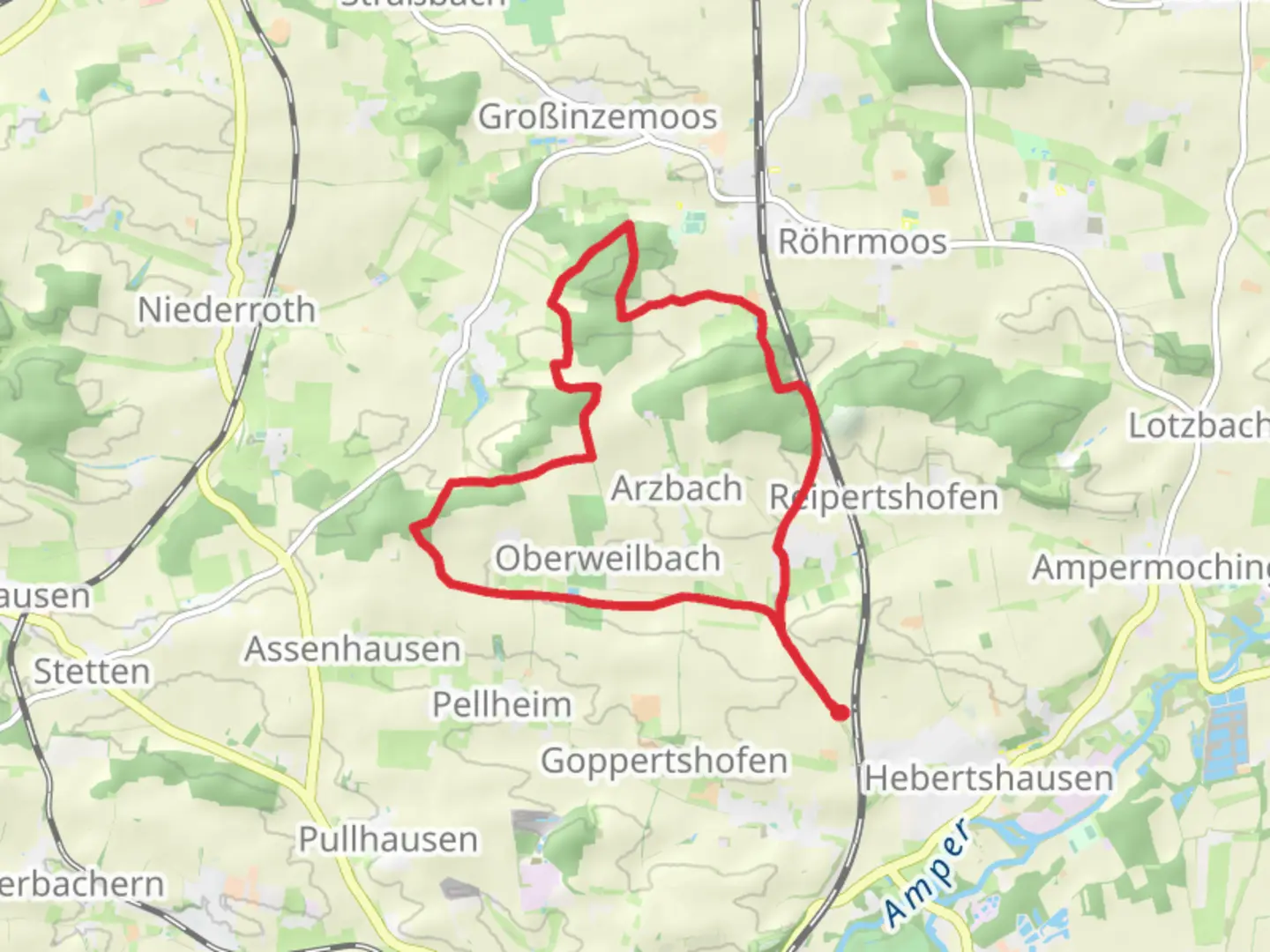 An image depicting the trail Sietenbach Loop from Hebertshausen and its surrounding area.