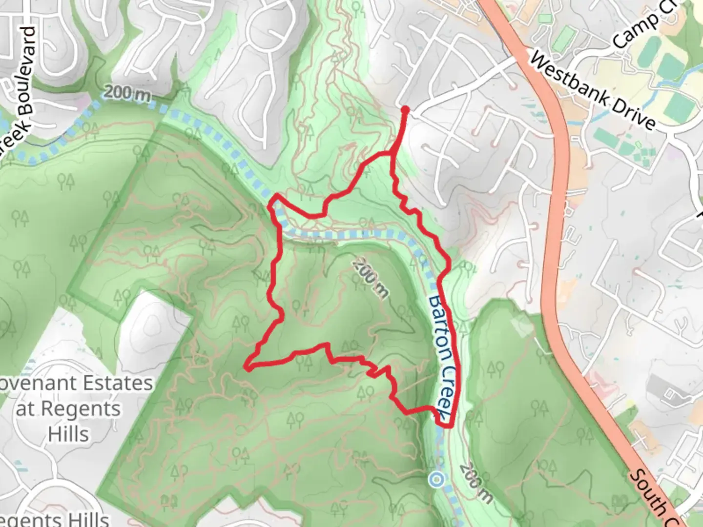 An image depicting the trail Barton Creek Greenbelt Trail 11, Mountain Connector and Hill of Life Loop Trail and its surrounding area.