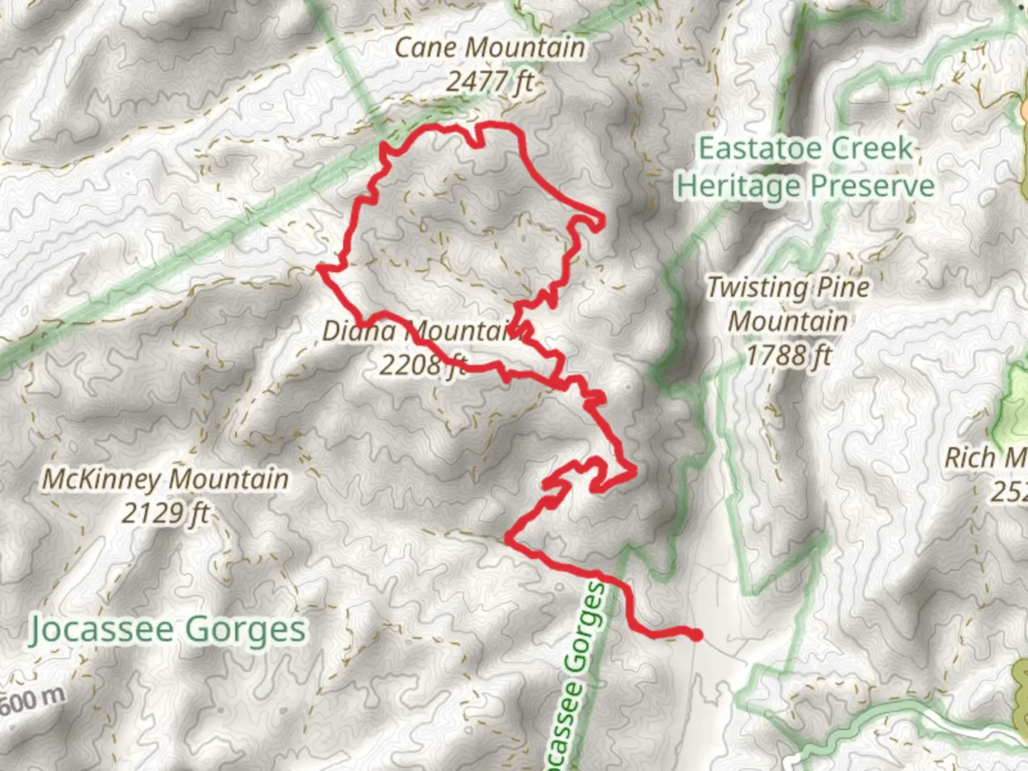 An image depicting the trail Diana Mountain Loop via Horse Pasture Road and Little Laurel Road Loop and its surrounding area.