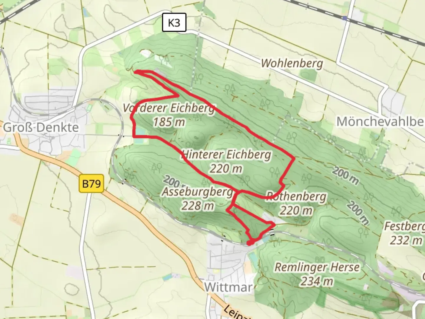 An image depicting the trail Bismarckturm and Freundschaft Loop and its surrounding area.