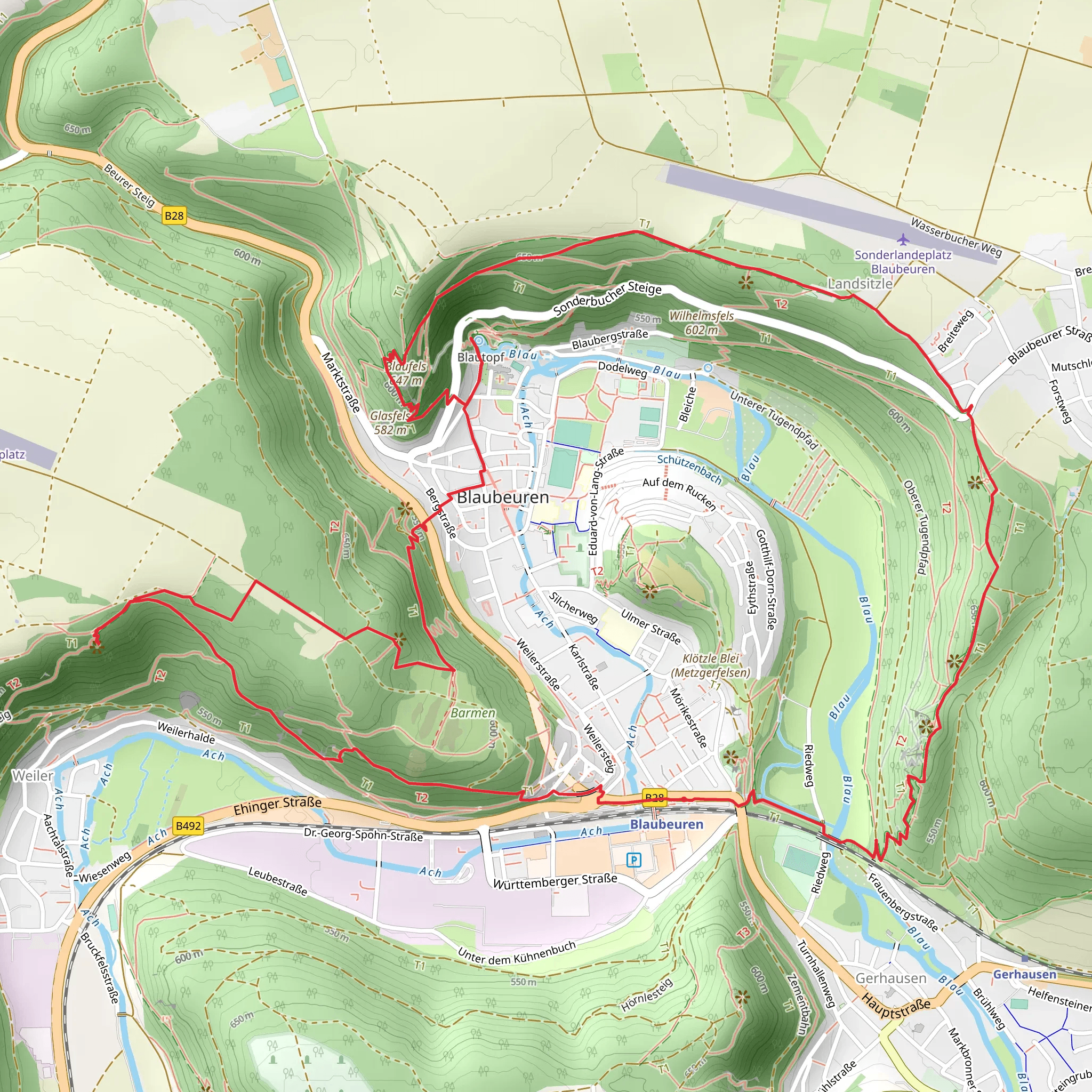 Blauhoehle, Blautopf and Ruine Gunzelburg via Blaubeurer Felsentieg mobile static map