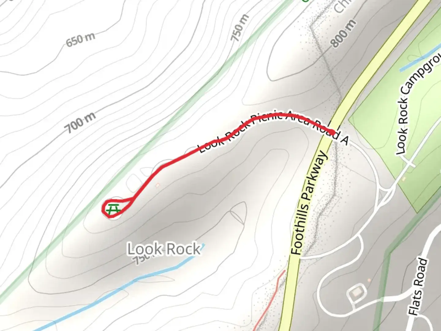 An image depicting the trail Look Rock Picnic Area Road A and its surrounding area.
