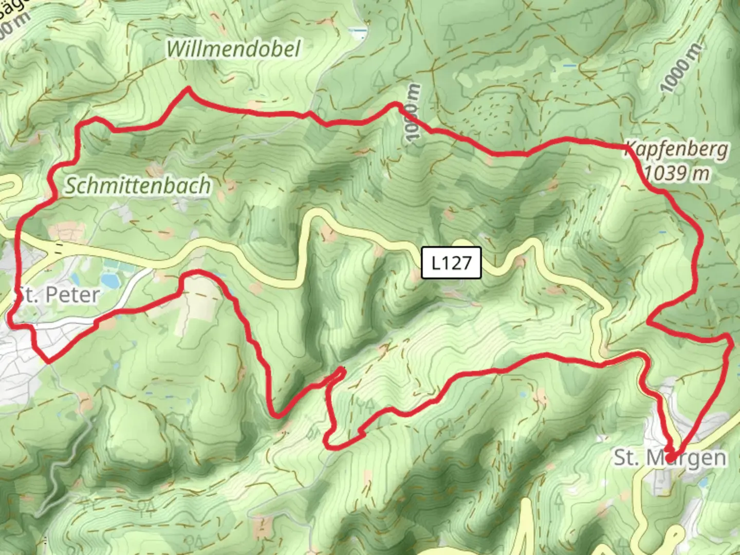 An image depicting the trail Sankt Margen and Sankt Peter Loop and its surrounding area.