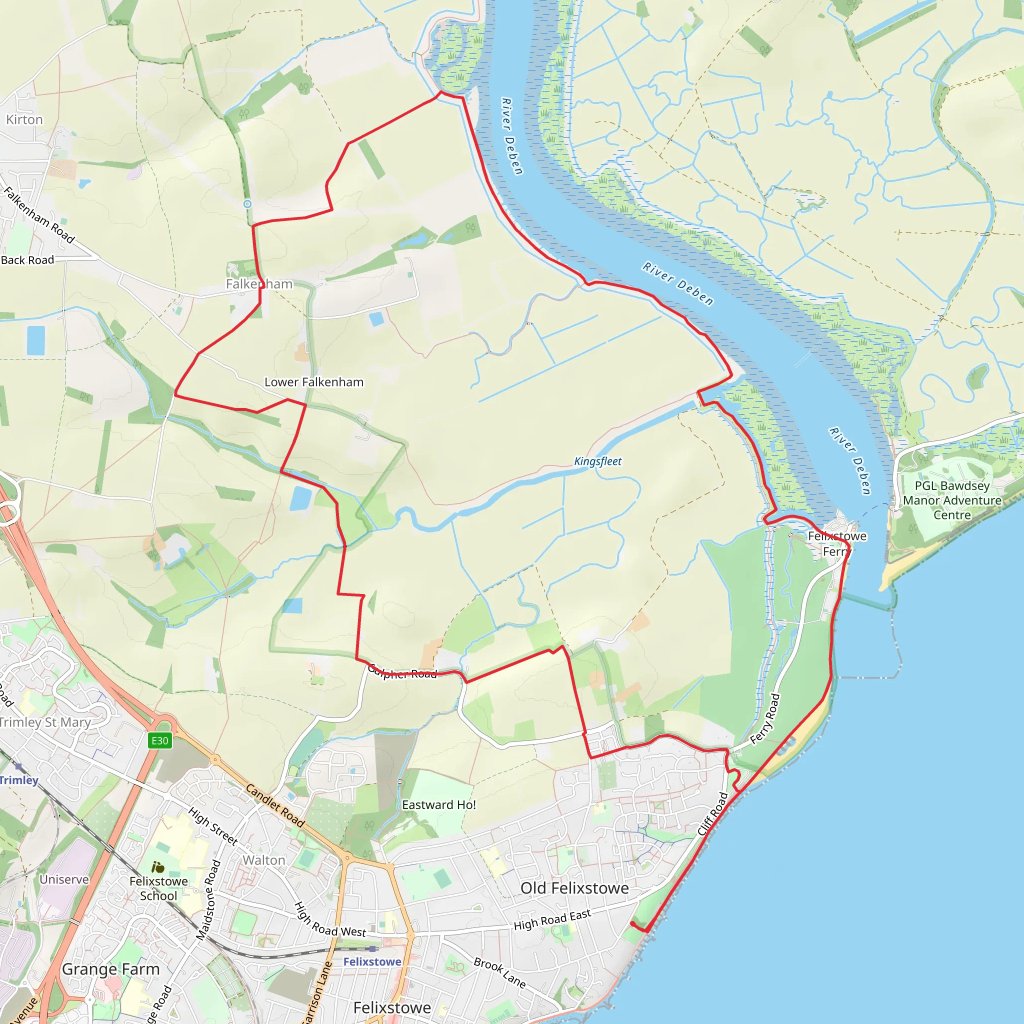 Felixstowe and Falkenham Marshes Loop mobile static map