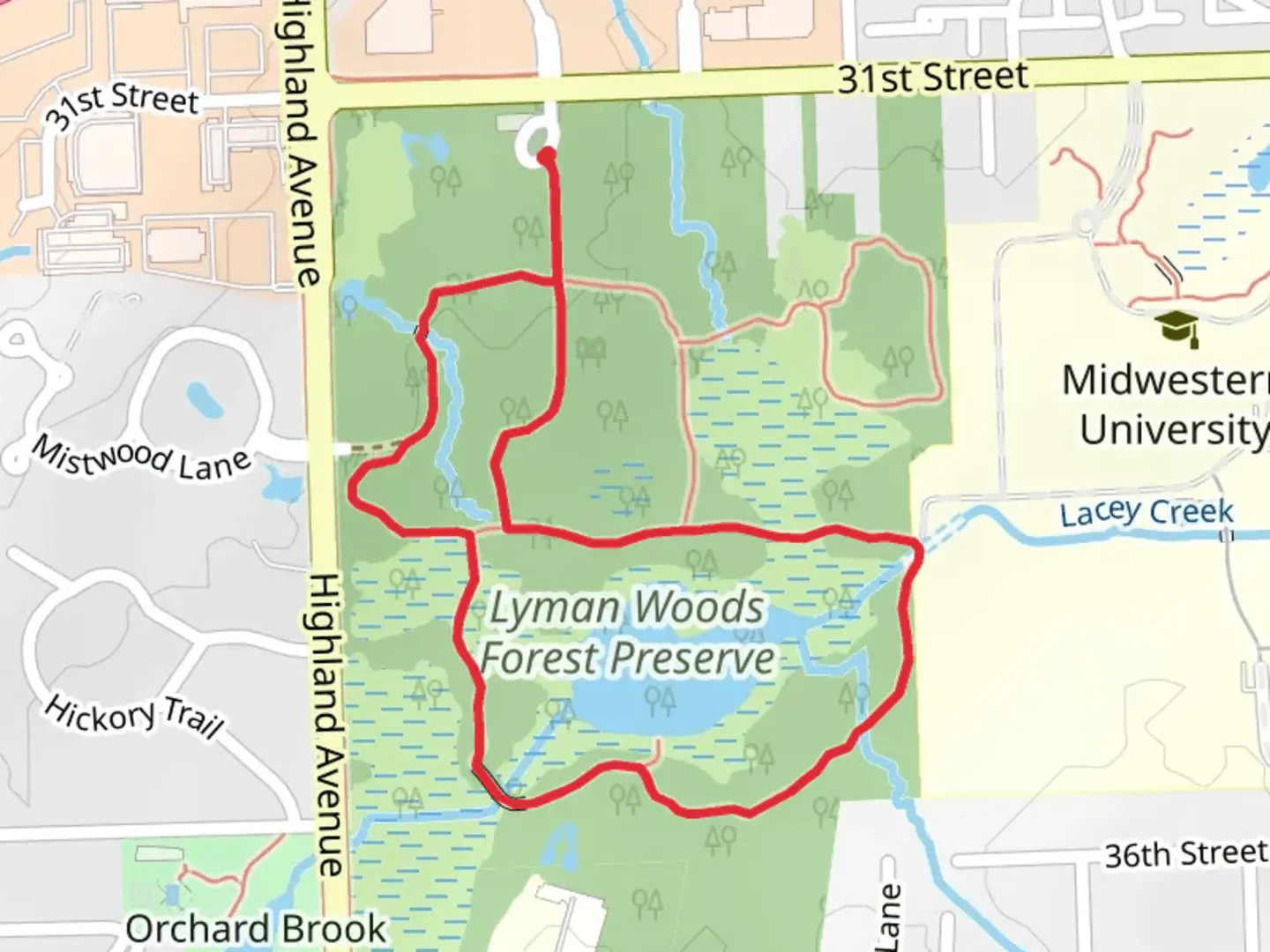 An image depicting the trail Lacey Creek and Lyman Woods Forest Preserve Loop and its surrounding area.