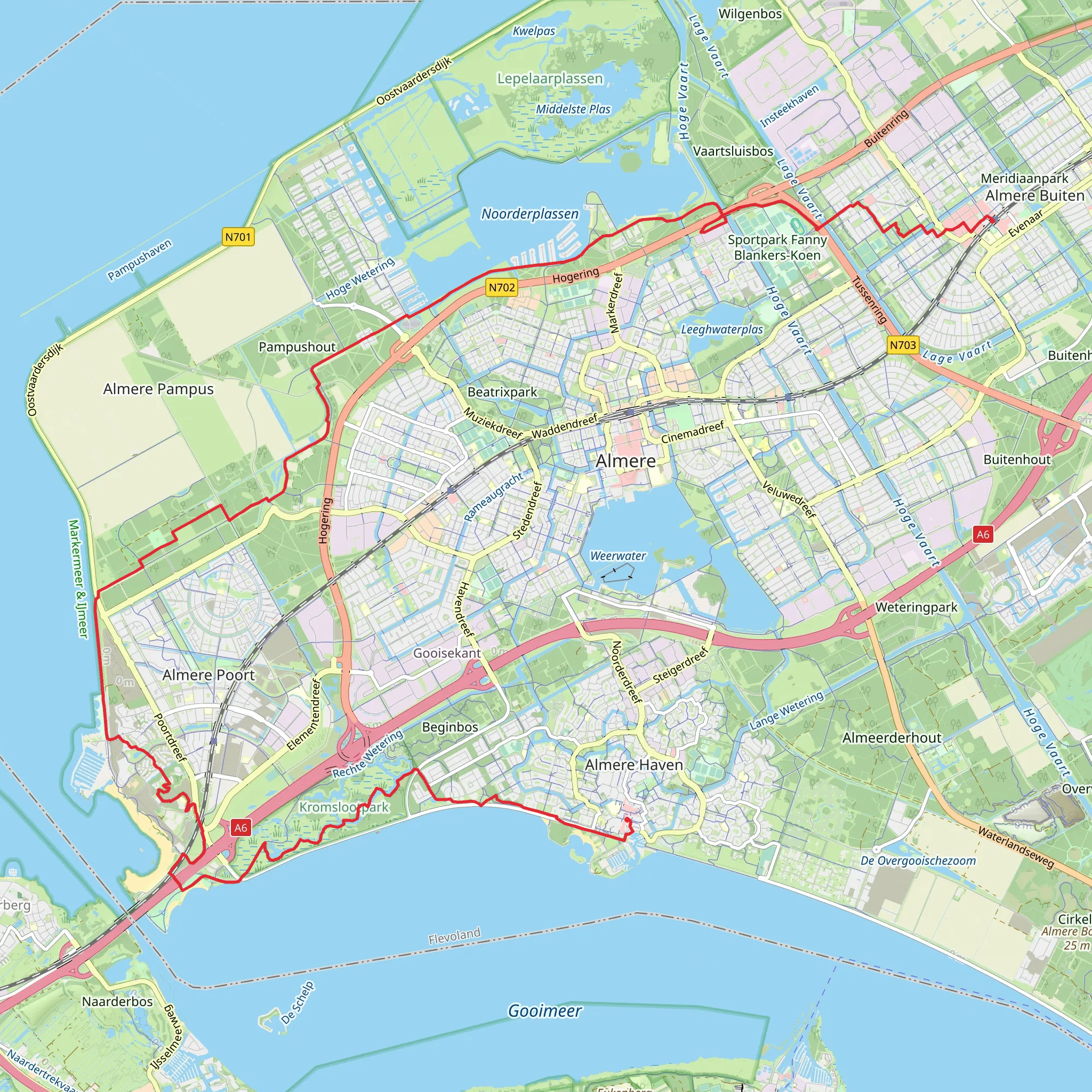 Almere Buiten to Centrum via Noorderleedeweg, Michelinpad and Gooimeerdijk West mobile static map