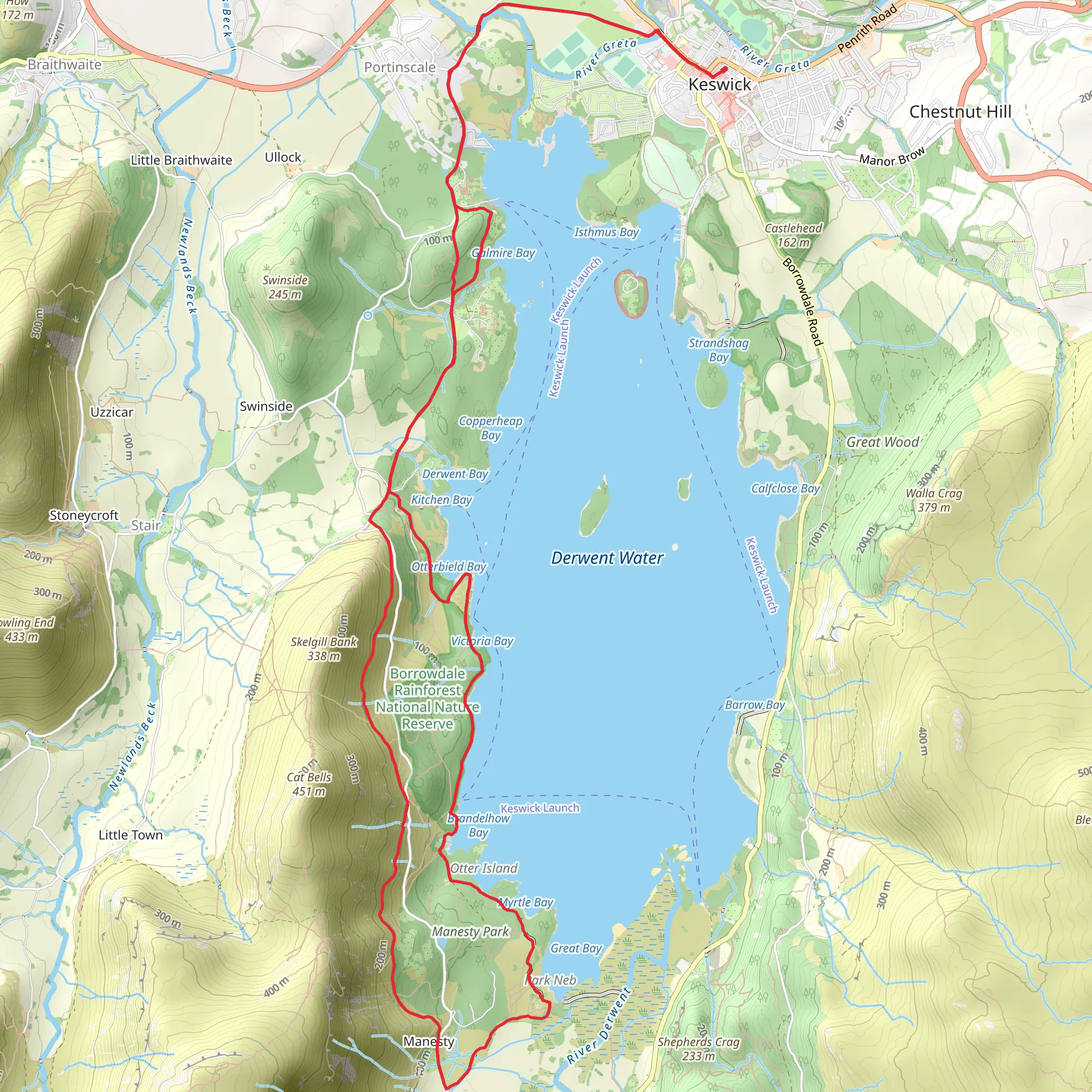 Keswick to Manesty Loop via Derwentwater mobile static map