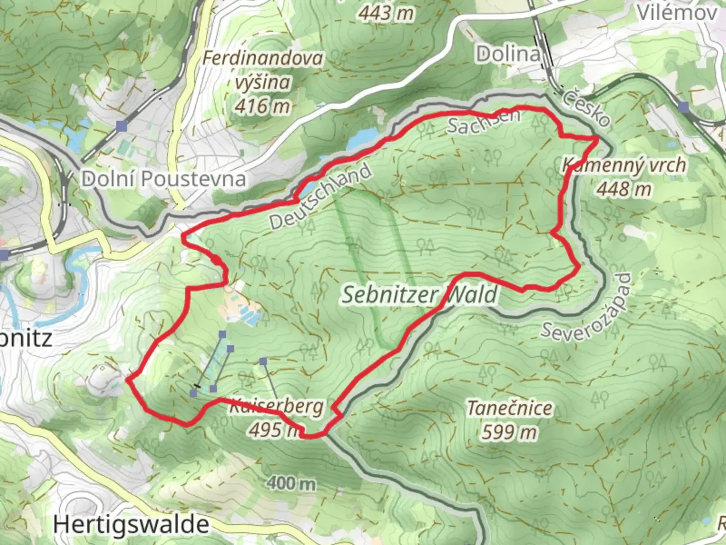 An image depicting the trail Wiesenwegteich, Wolfstein and Kaiserberg Loop via Sebnitzer Wald and its surrounding area.