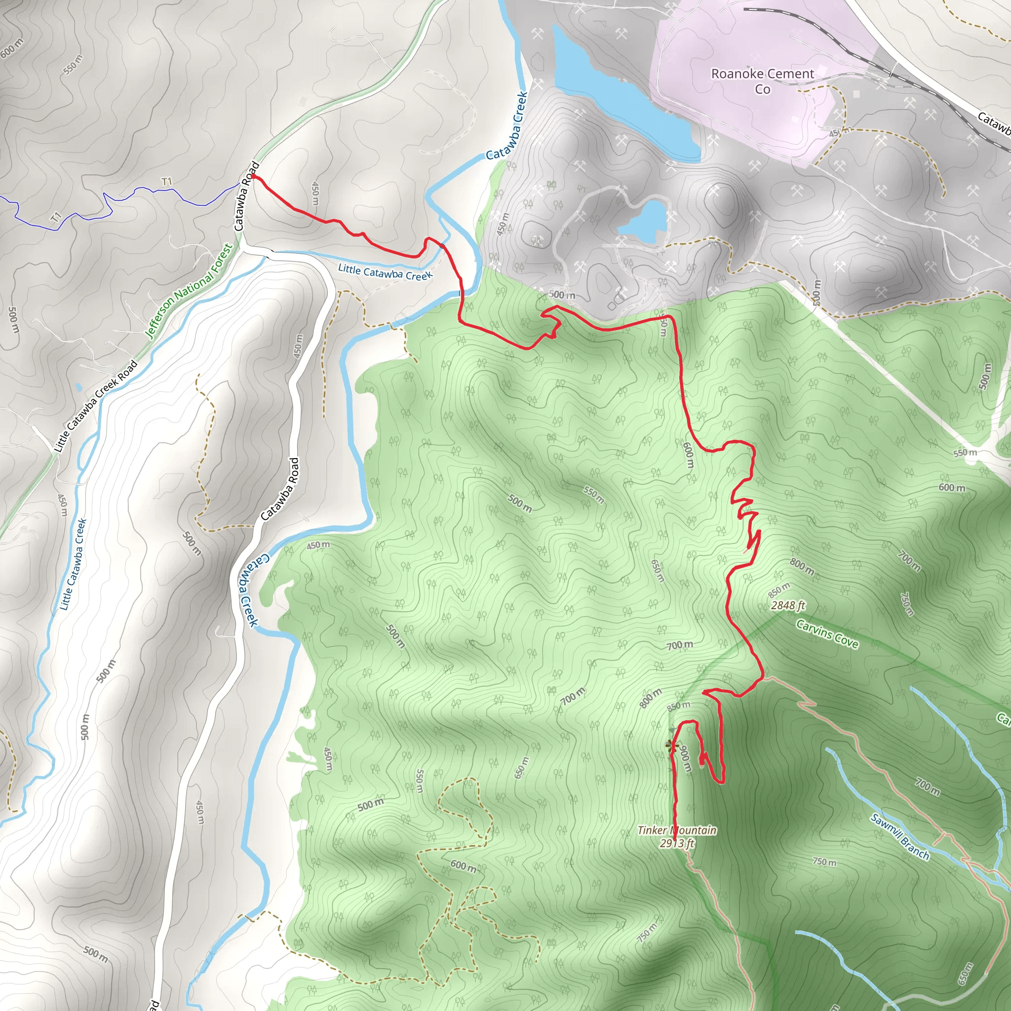Tinker Mountain via Andy Layne Trail mobile static map