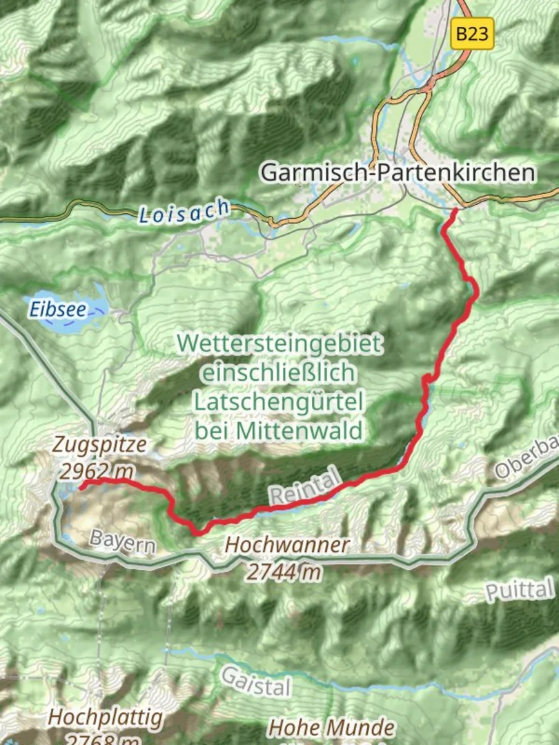 An image depicting the trail Zugspitze Hike from Kainzenbad and its surrounding area.
