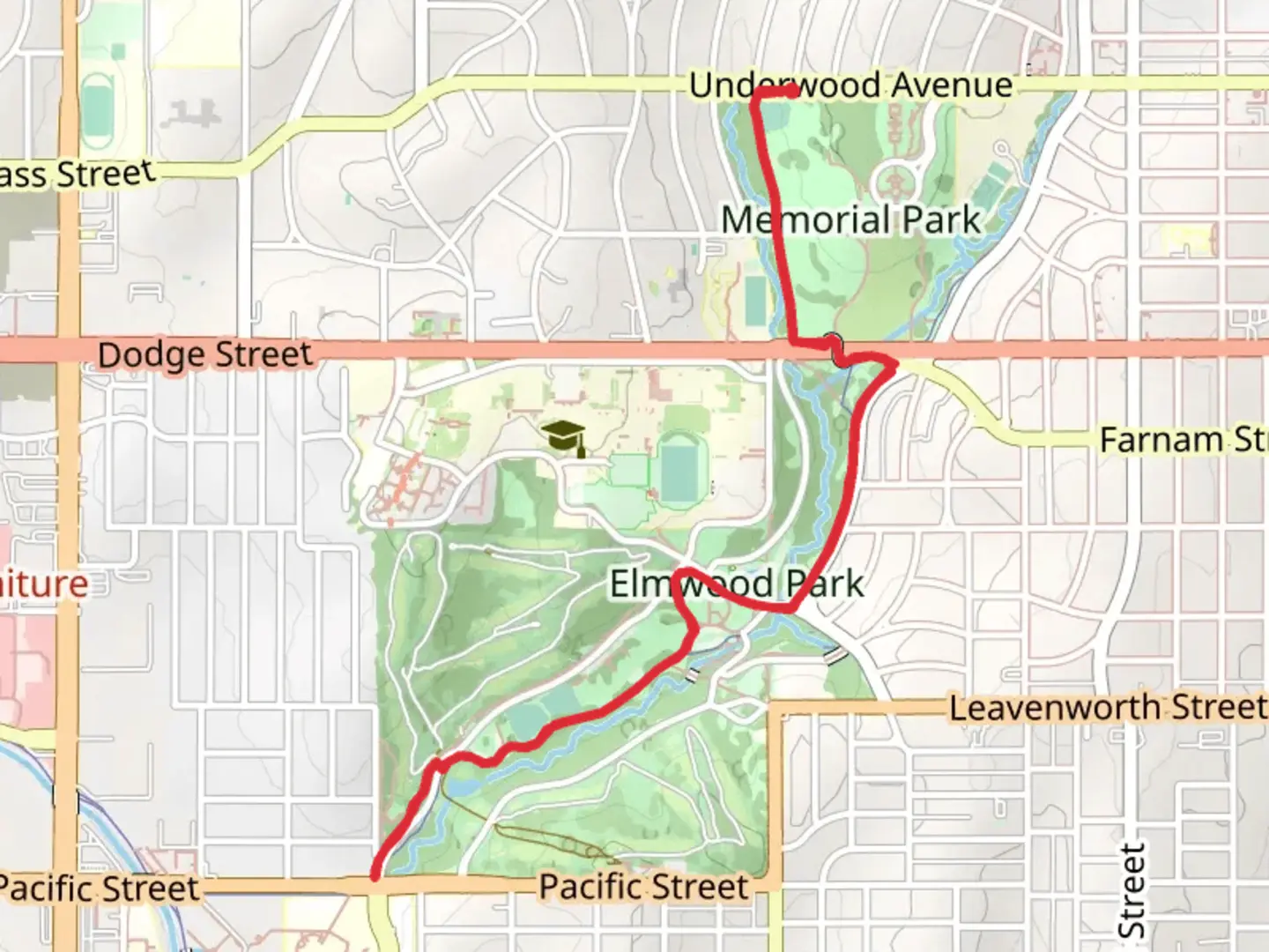 An image depicting the trail Memorial Park and Elmwood South Trail and its surrounding area.