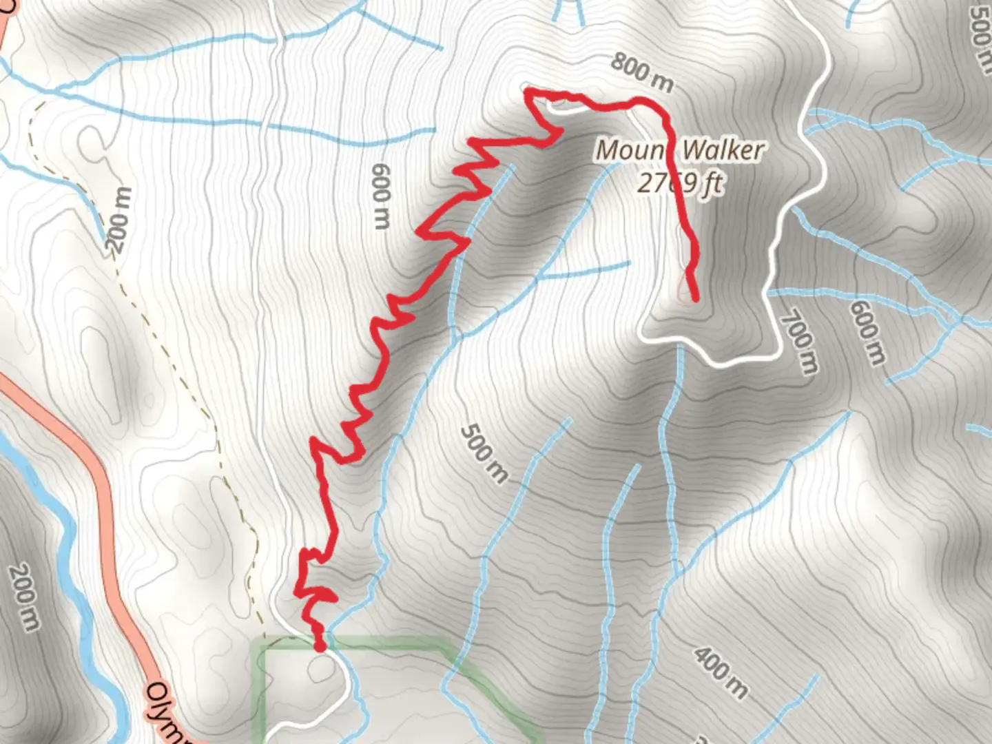 An image depicting the trail Mount Walker Out and Back and its surrounding area.