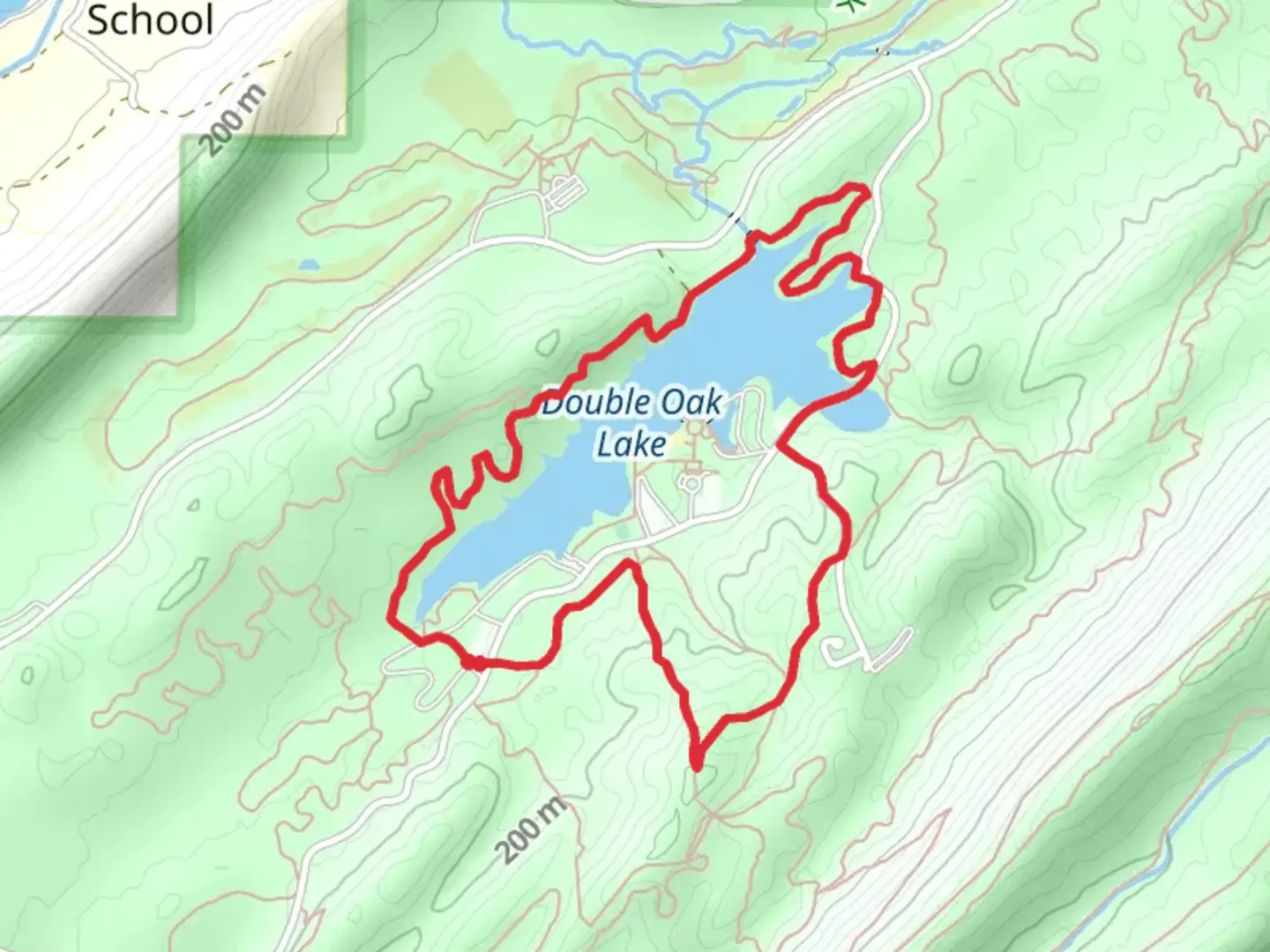 An image depicting the trail Double Oak Lake, Foothills Trail and Green Loop Trail and its surrounding area.