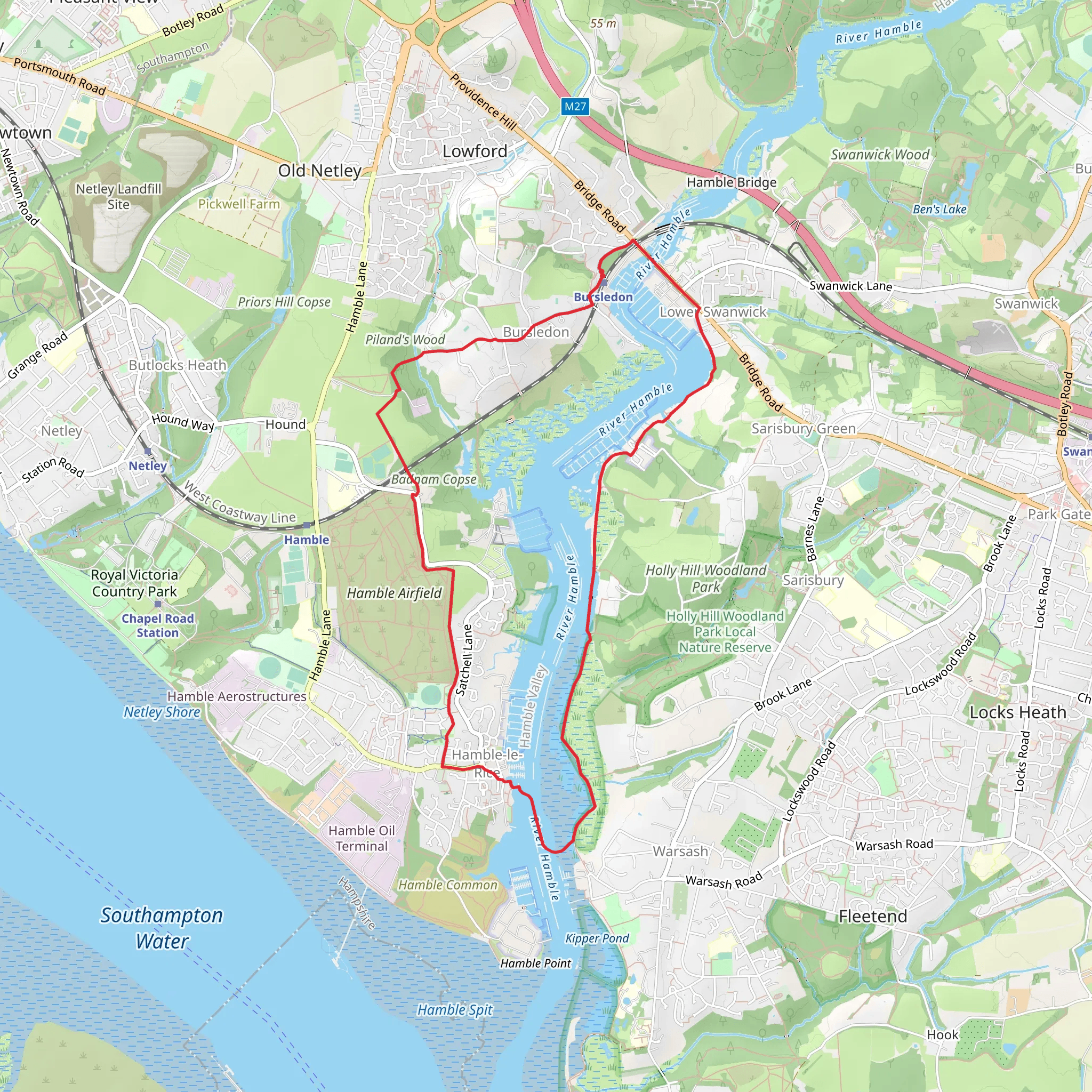 Bursledon and River Hamble via Strawberry Trail mobile static map