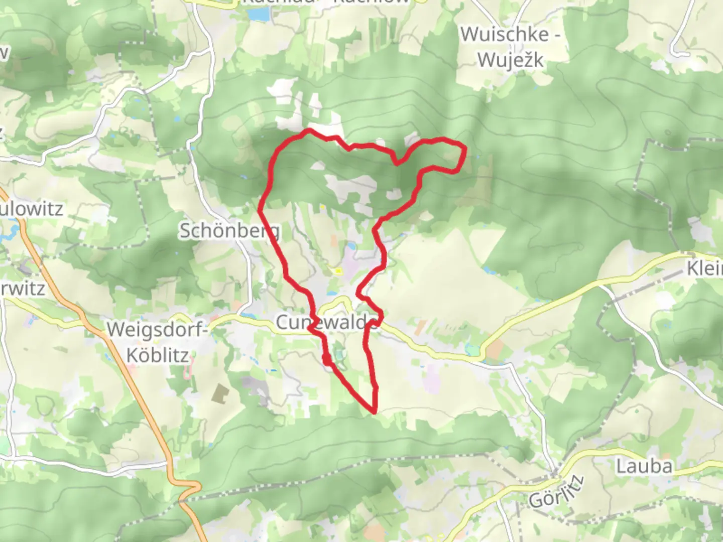 An image depicting the trail Rundwanderweg Cunewalde and Koboldsteig and its surrounding area.