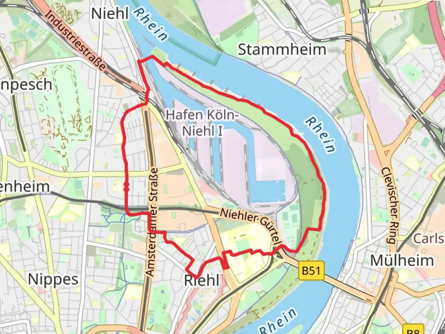 An image depicting the trail Nippes Loop via Cranachwäldchen and its surrounding area.