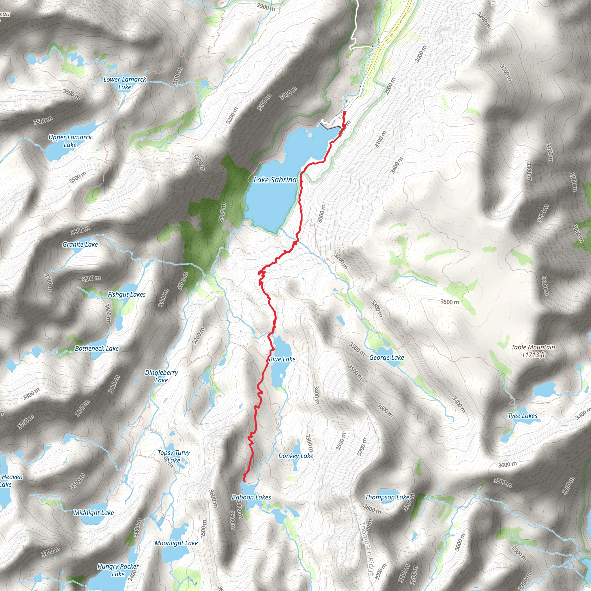 Baboon Lake and Blue Lake via Lake Sabrina Trail mobile static map