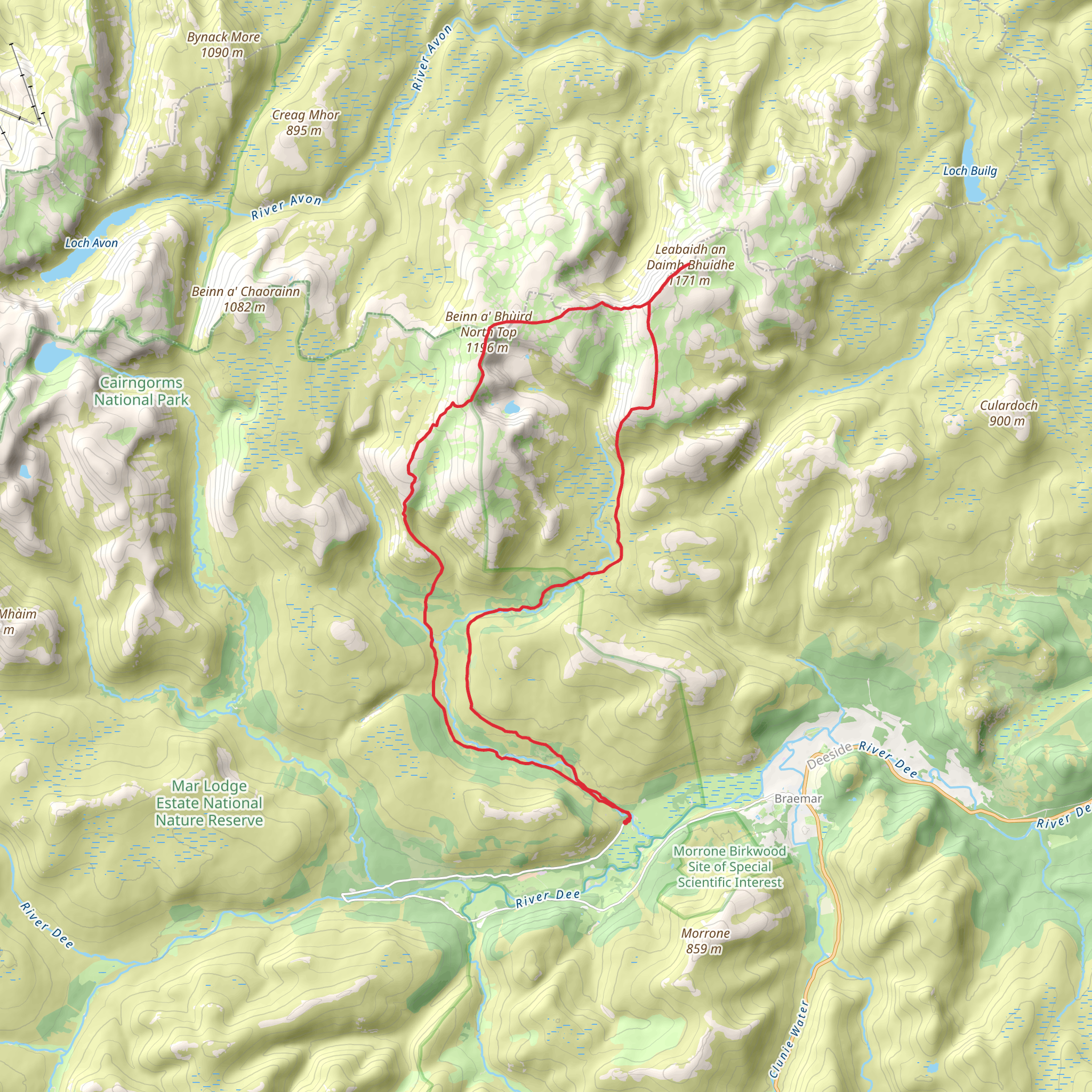 Beinn a' Bhùird and Ben Avon Loop from Braemar mobile static map