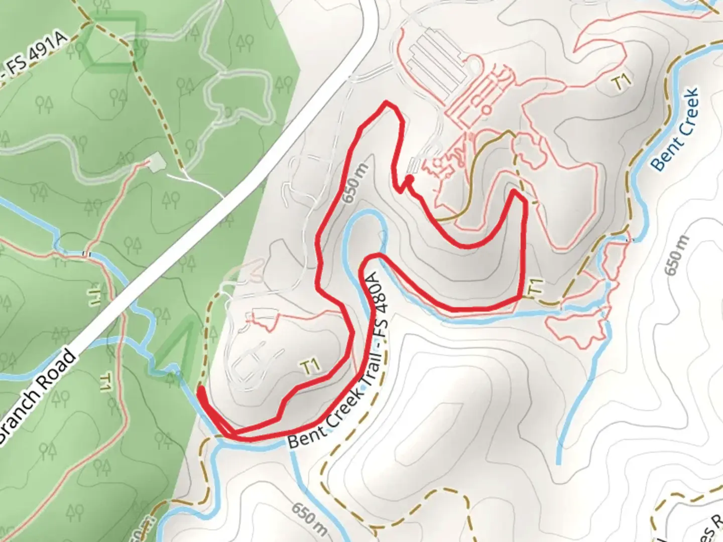 An image depicting the trail Bent Creek Loop and its surrounding area.