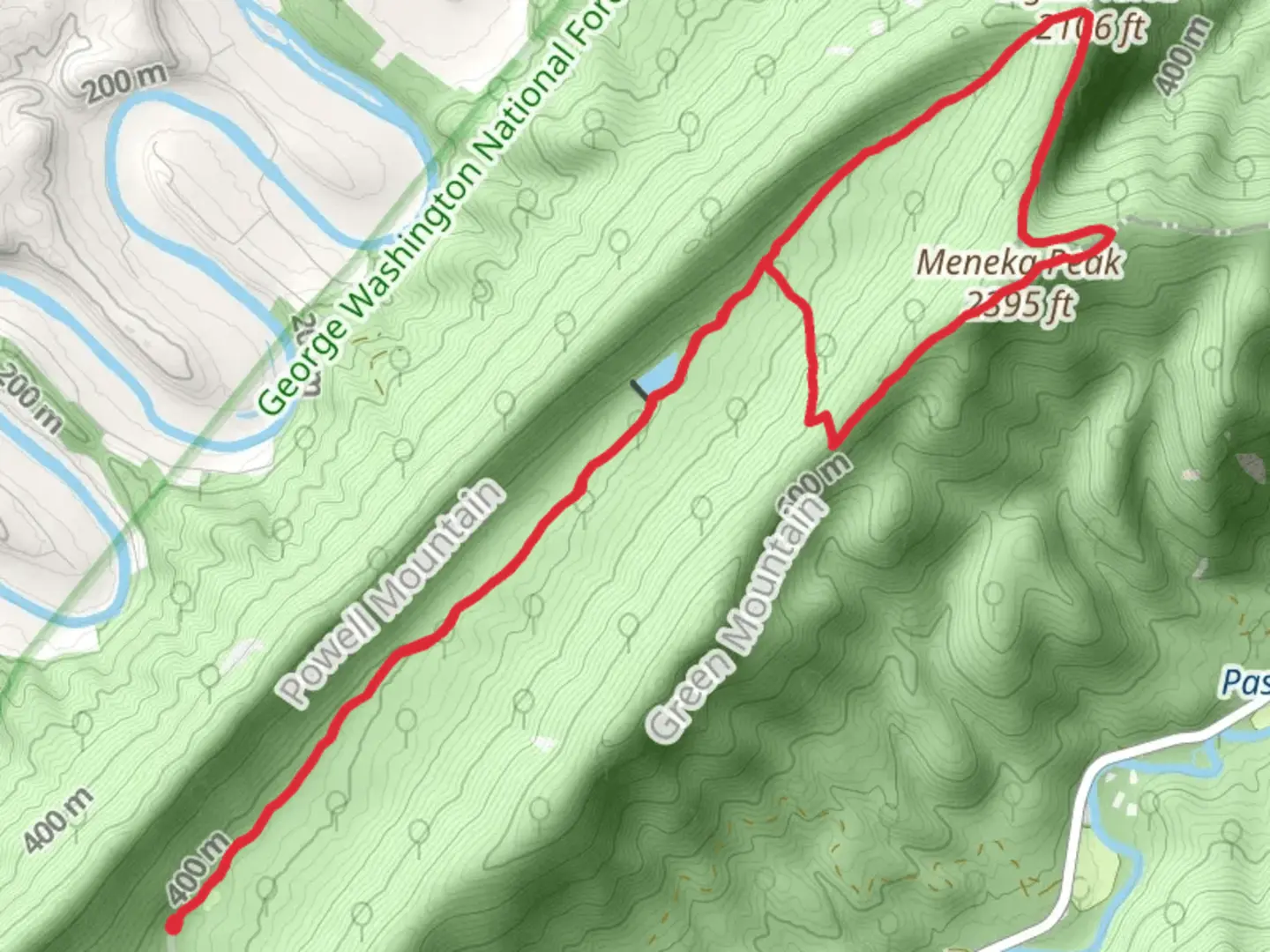 An image depicting the trail Meneka Peak and Signal Knob via Massanutten Peak Loop Trail and its surrounding area.
