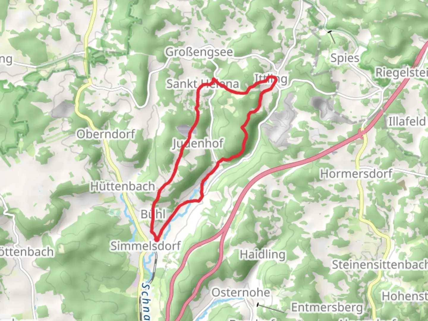 An image depicting the trail Blaustrich and Simmelsdorf Spies Loop and its surrounding area.