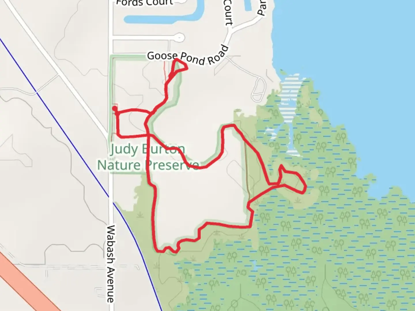 An image depicting the trail Judy Burton Nature Preserve Loop and its surrounding area.