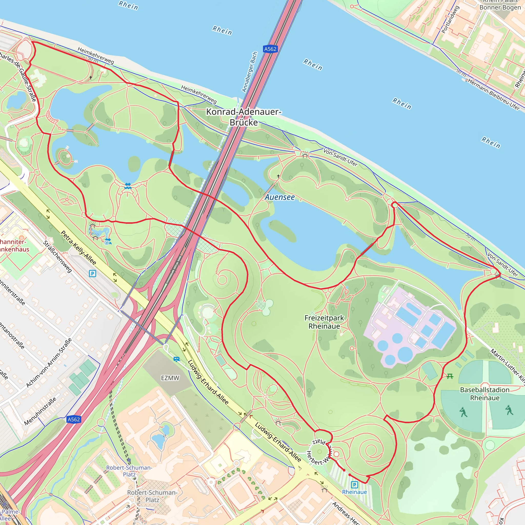 Freizeitpark Rheinaue Loop via Rheinsteig Zuweg mobile static map