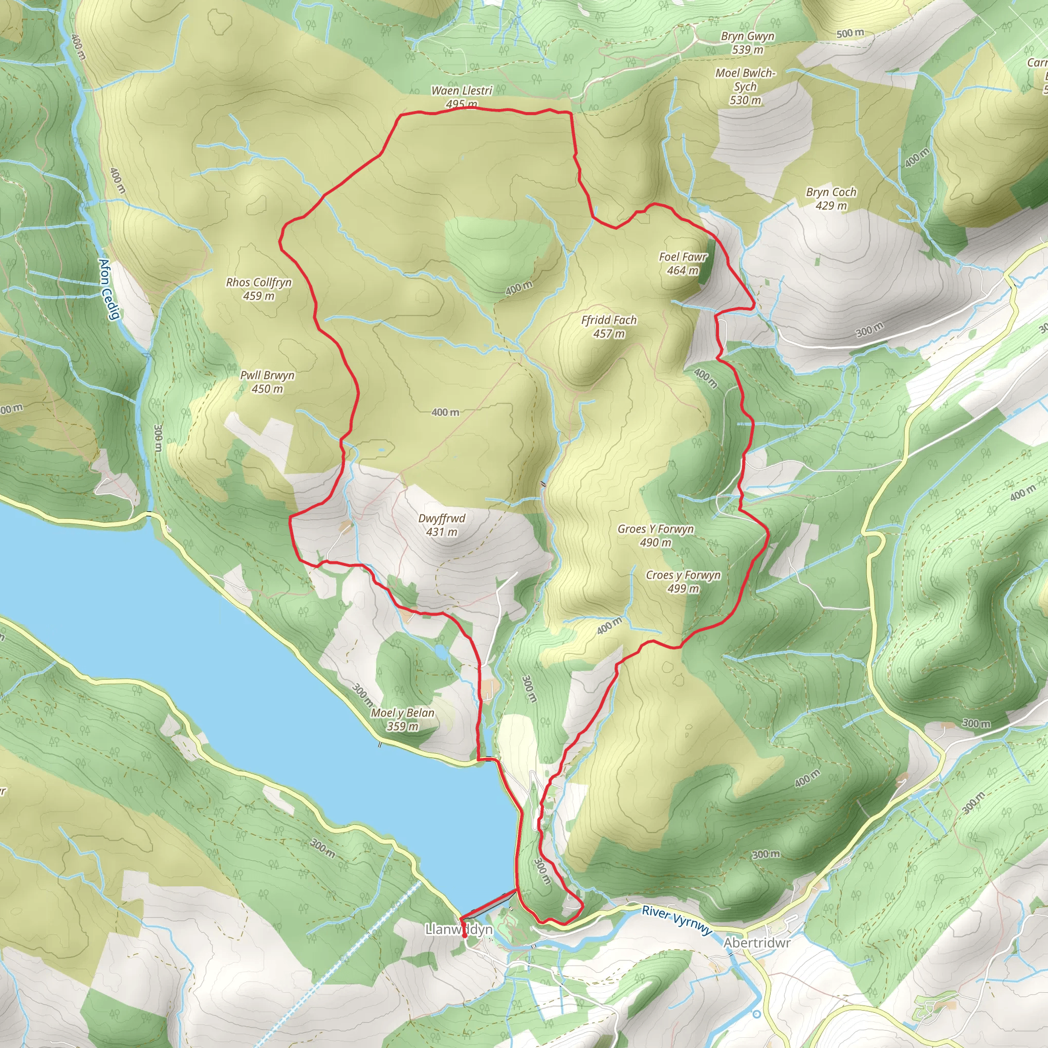 Bwlch Sych and Tynygarreg from Lake Vyrnwy mobile static map