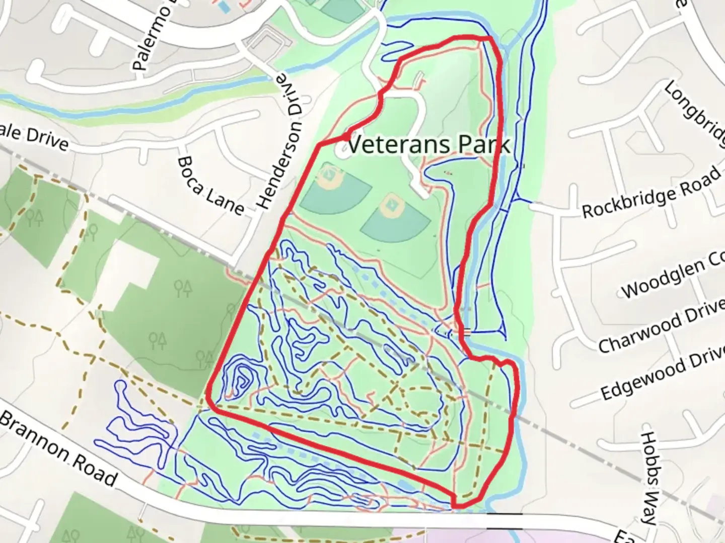An image depicting the trail Veterans Park Loop and its surrounding area.