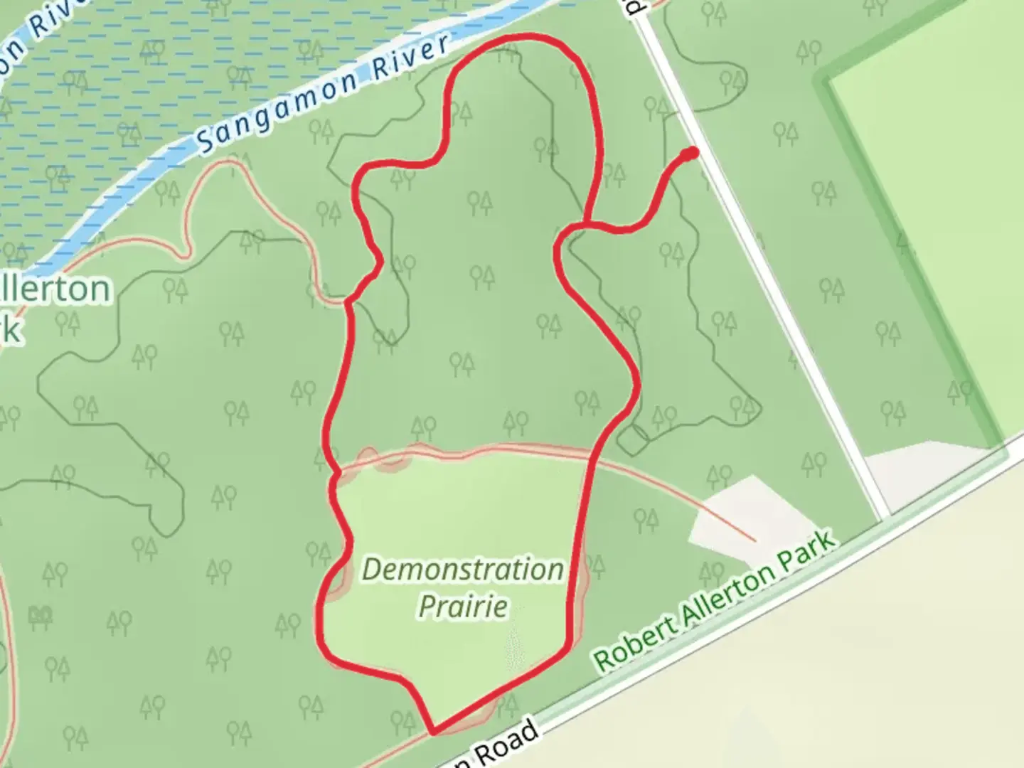 An image depicting the trail Red-Blue Loop and Demonstration Prairie Loop and its surrounding area.