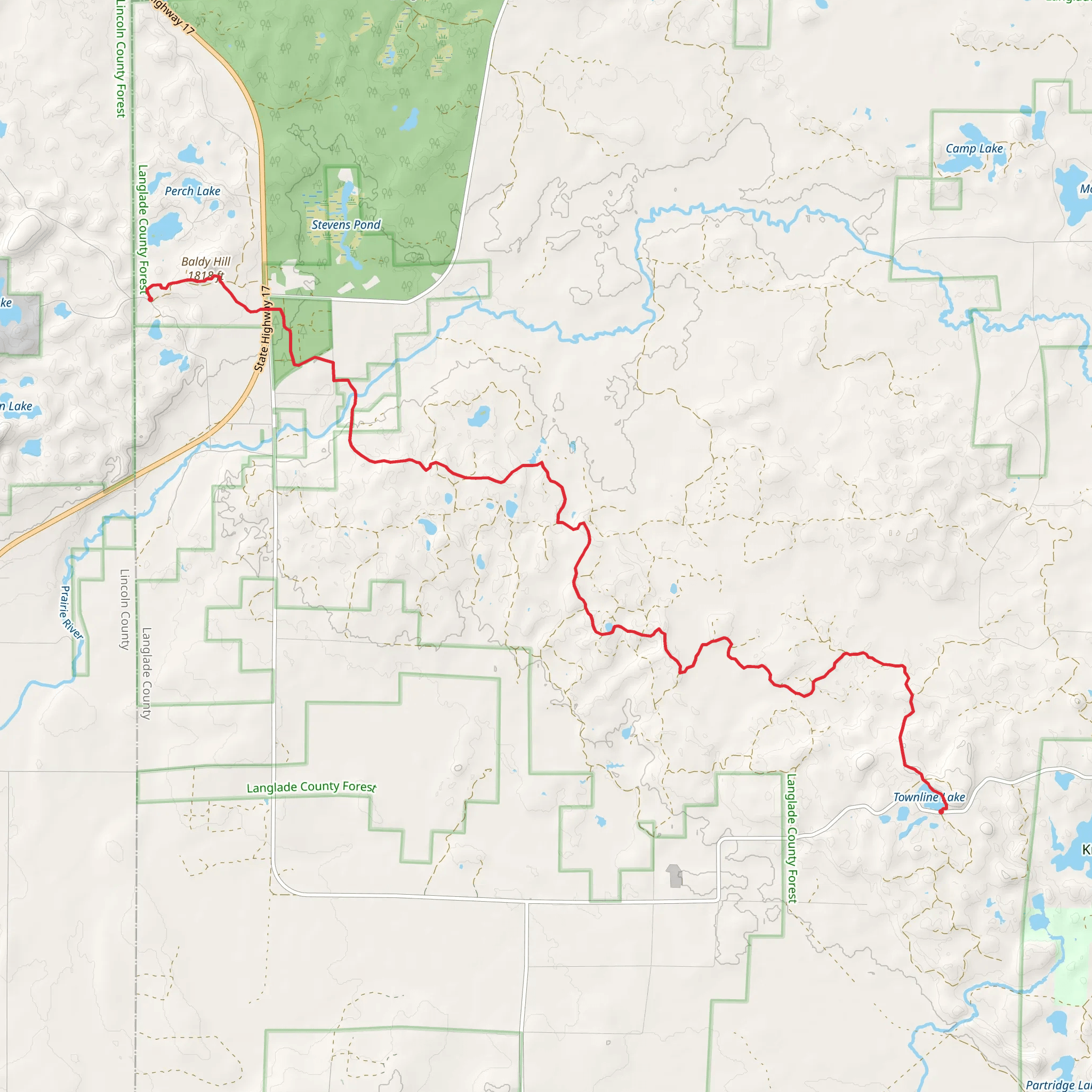 Townline Lake to Baldy Hill via Ice Age Trail mobile static map