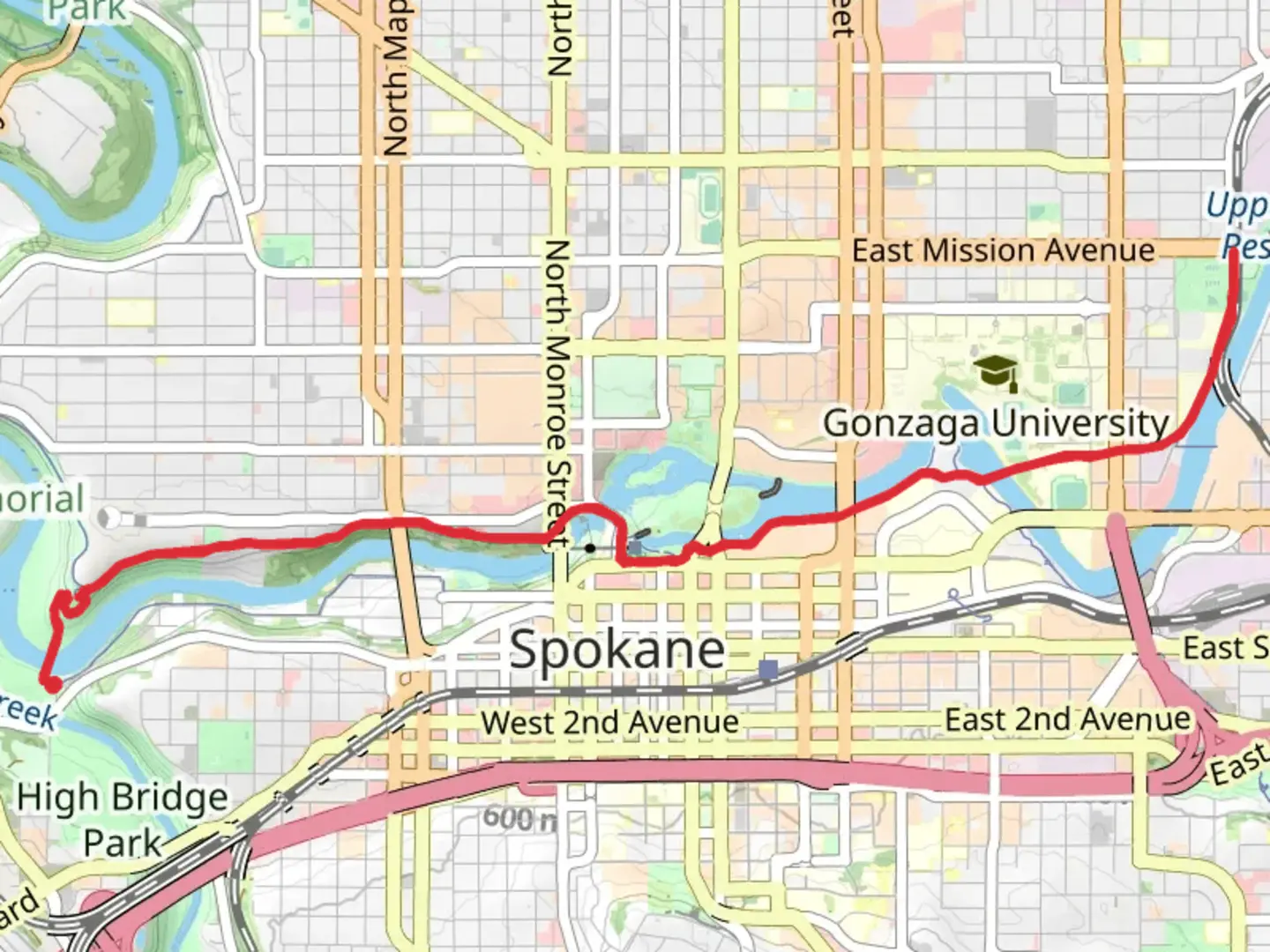 An image depicting the trail Spokane River Centennial Trail and Don Kardong Bridge and its surrounding area.