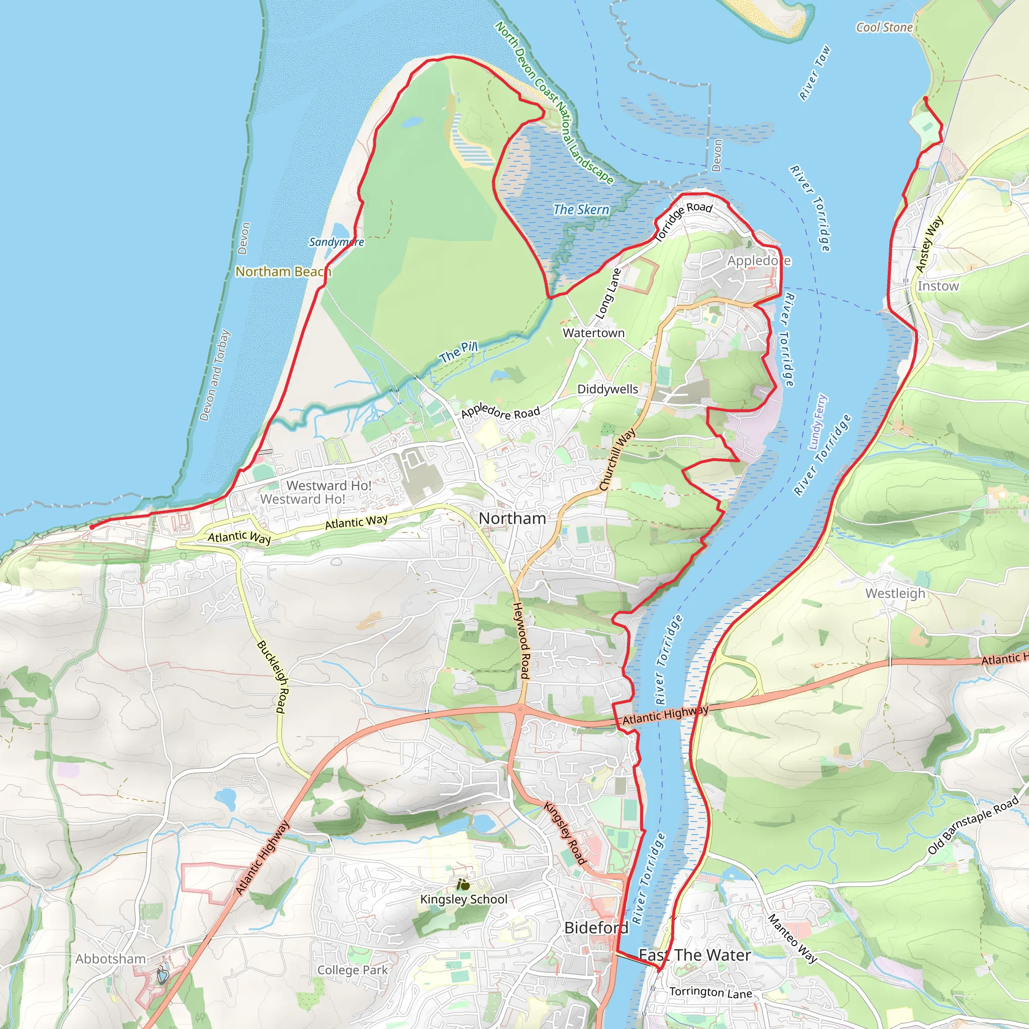 Instow to Westward Ho via Bideford mobile static map