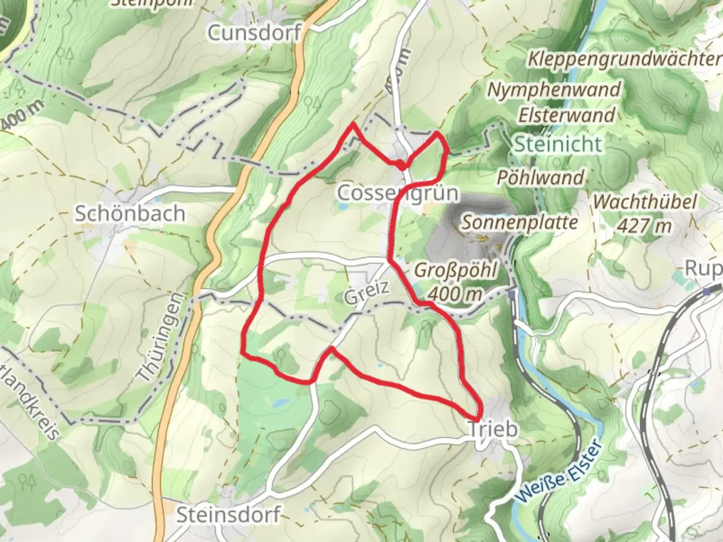 An image depicting the trail Cossengrün Loop and its surrounding area.