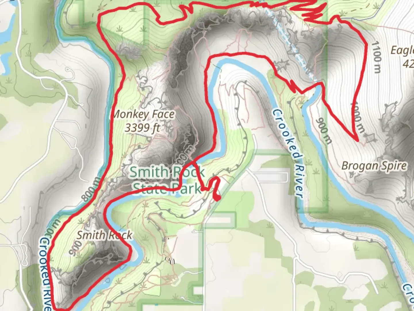 An image depicting the trail Wolf Tree and Crooked River Loop Trail and its surrounding area.
