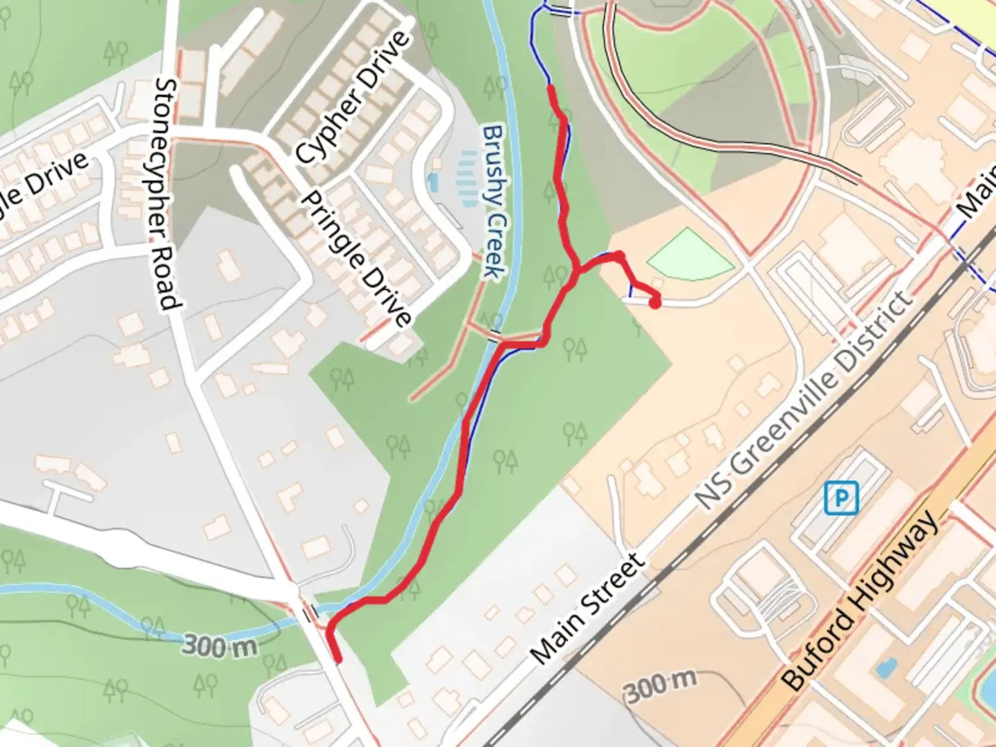 An image depicting the trail Brushy Creek Walk from Main Street and its surrounding area.