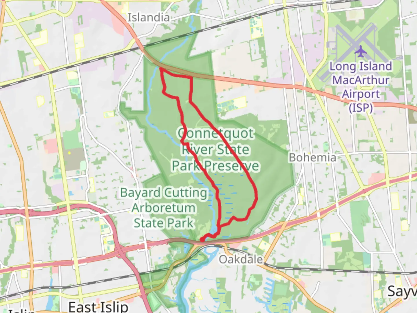 An image depicting the trail Middle Brook and Connetquot Brook Trail and its surrounding area.