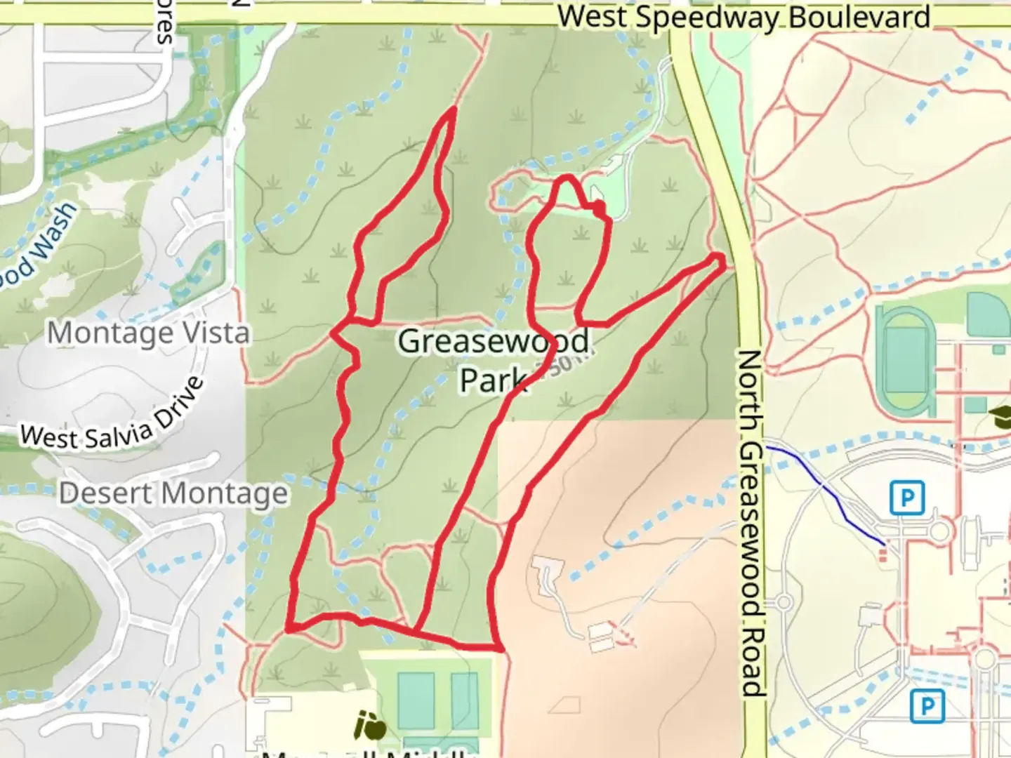 An image depicting the trail Greasewood Park Loop and its surrounding area.