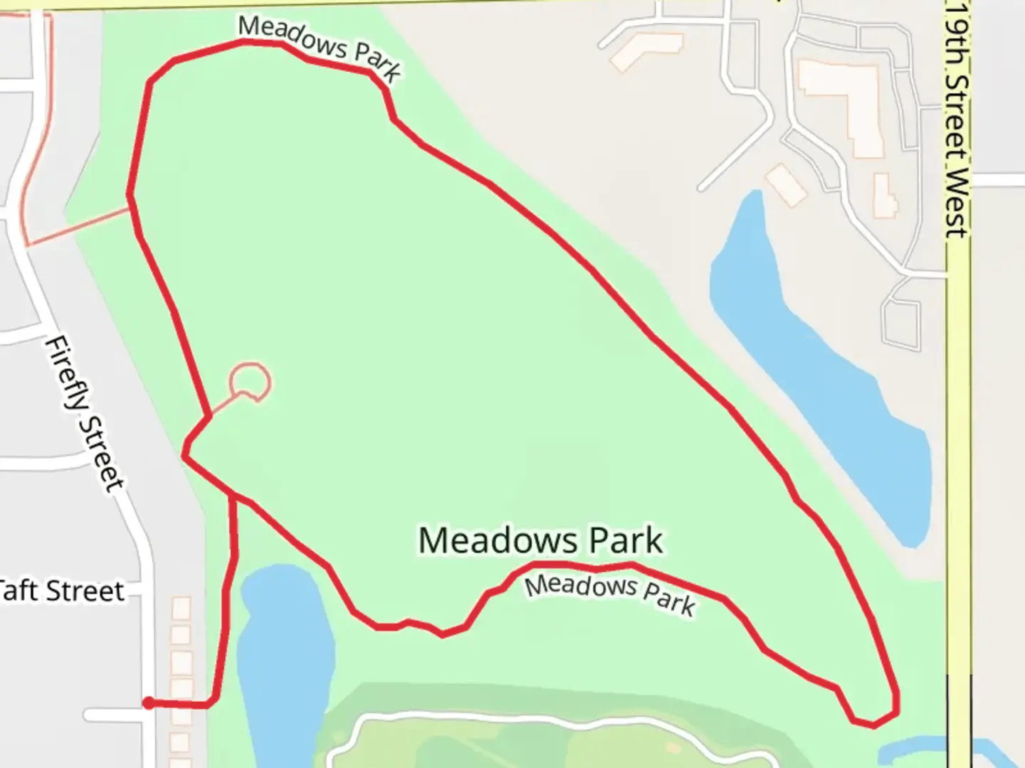 An image depicting the trail Meadows Park Loop and its surrounding area.
