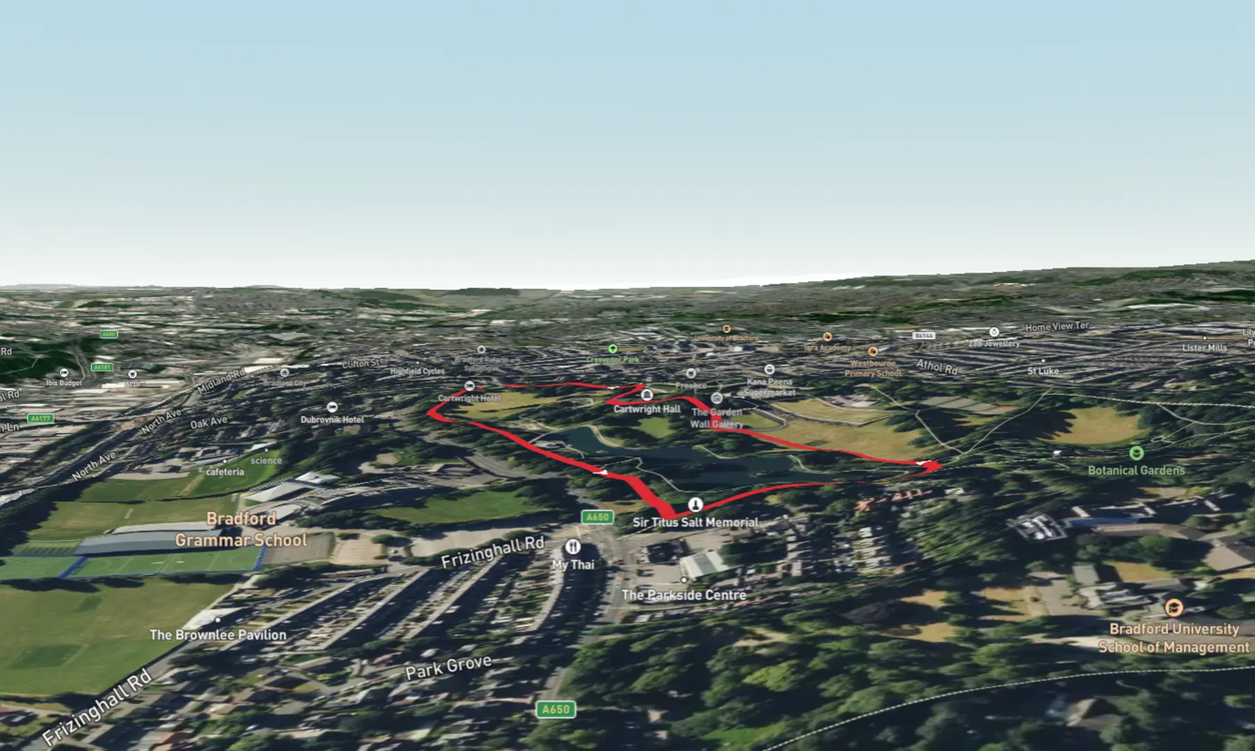 An image depicting the trail Lister Park and Mughal Water Gardens Loop and its surrounding area.