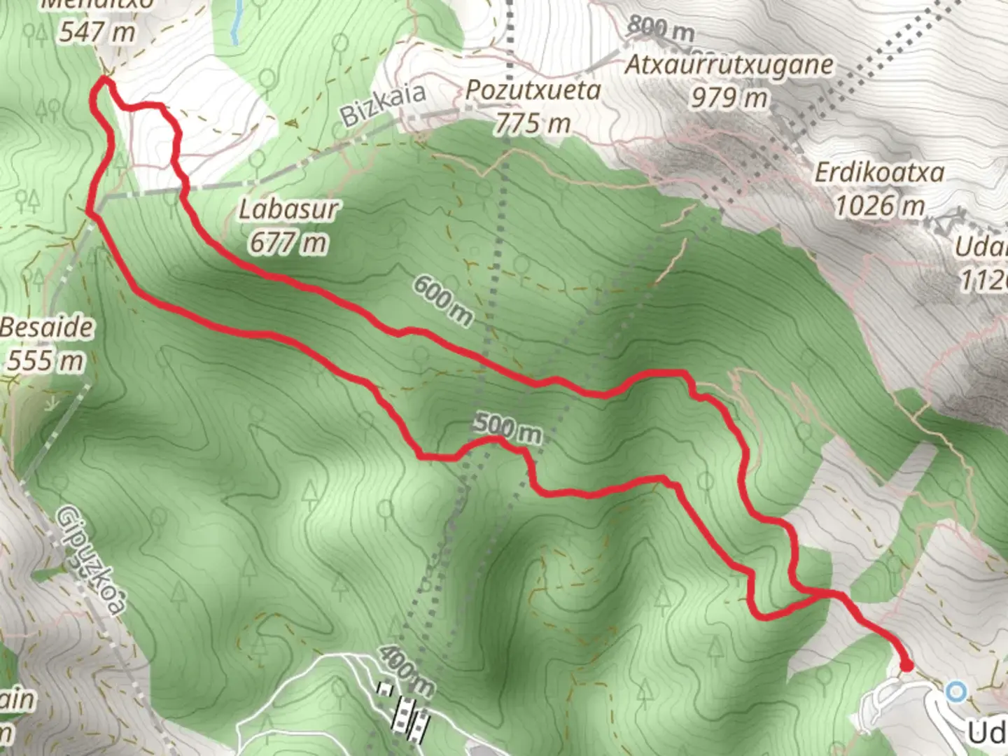 An image depicting the trail Udala- Bell of Besaide - Udala PR GI 96 and its surrounding area.