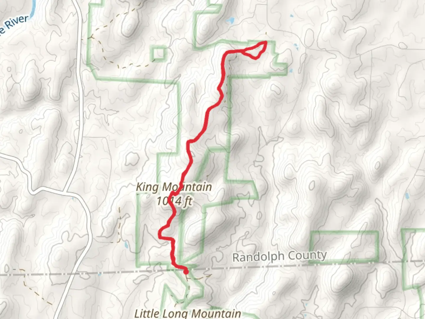 An image depicting the trail King Mountain via Uwharrie Trail and Luther Place Spur and its surrounding area.